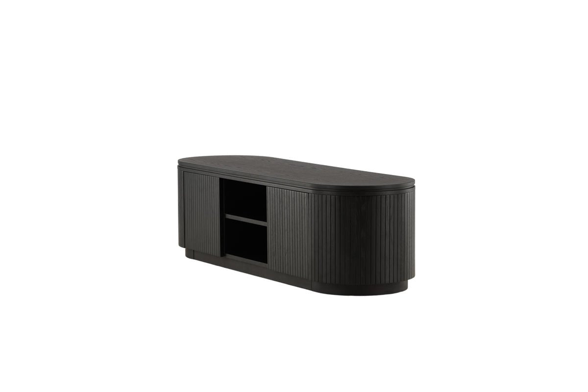 Designer TV lowboard Sundby – Black in oak look with slatted front