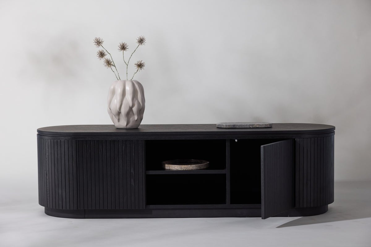 Designer TV lowboard Sundby – Black in oak look with slatted front