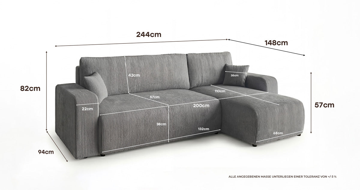 Designer Sofa Calva with Sleeper and Folding Function in Corduroy