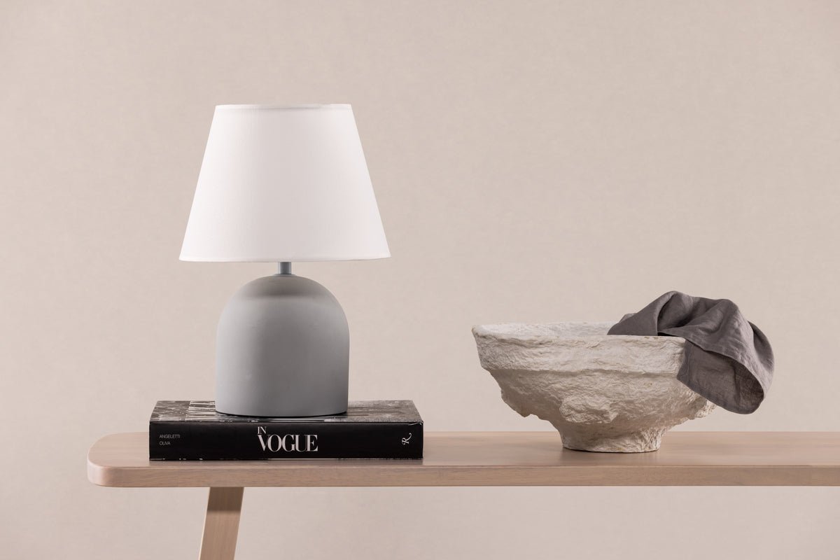Table lamp "Stenljus" – Gray matte concrete base with white linen lampshade