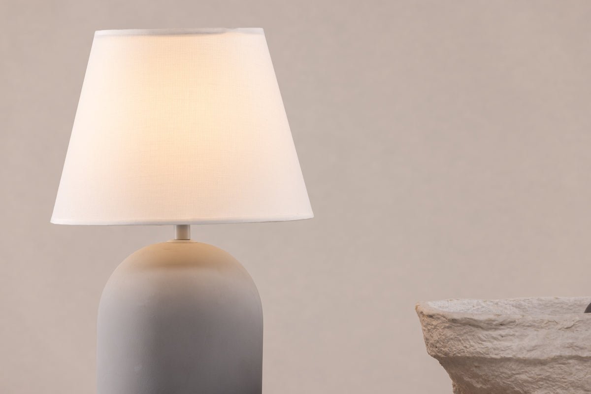 Table lamp "Stenljus" – Gray matte concrete base with white linen lampshade