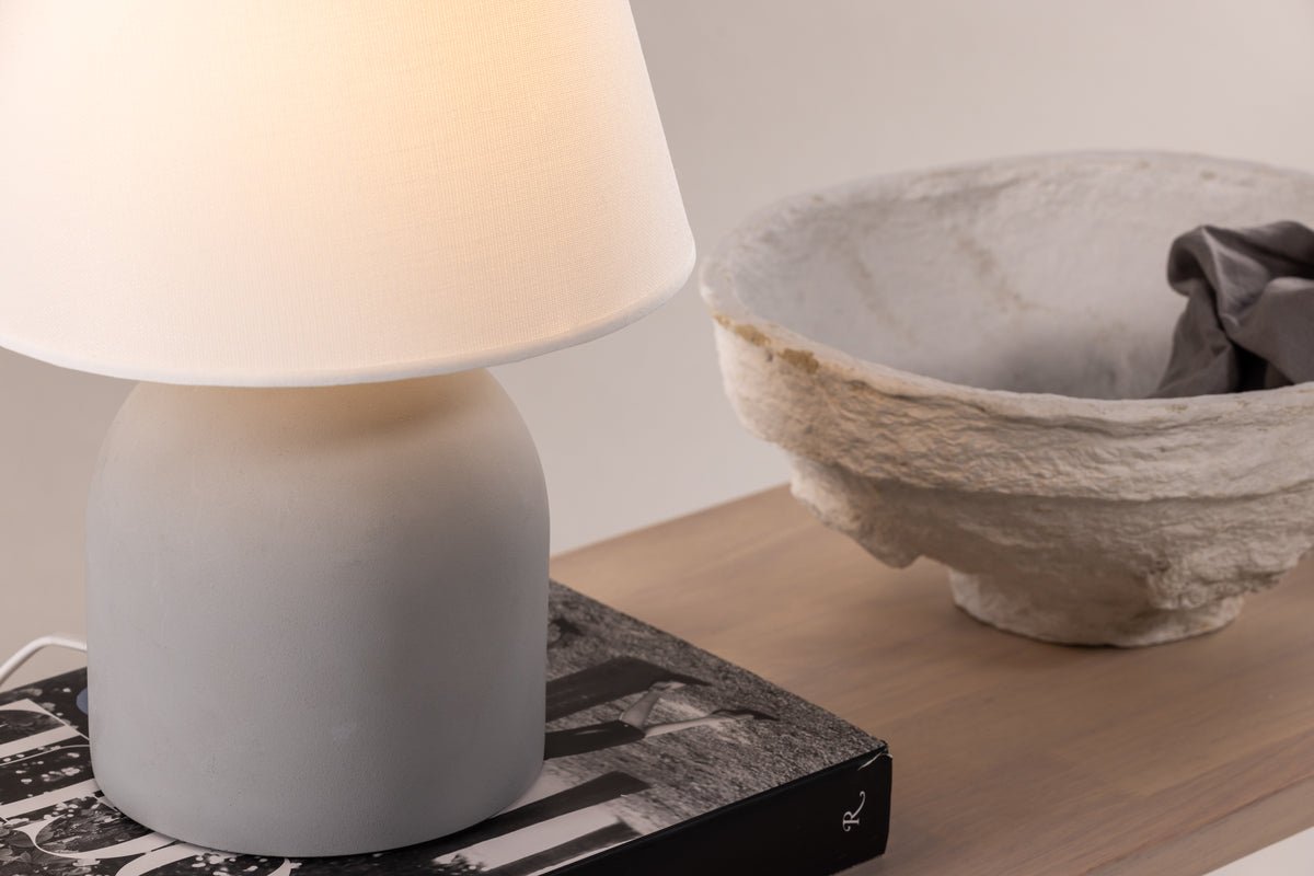 Table lamp "Stenljus" – Gray matte concrete base with white linen lampshade