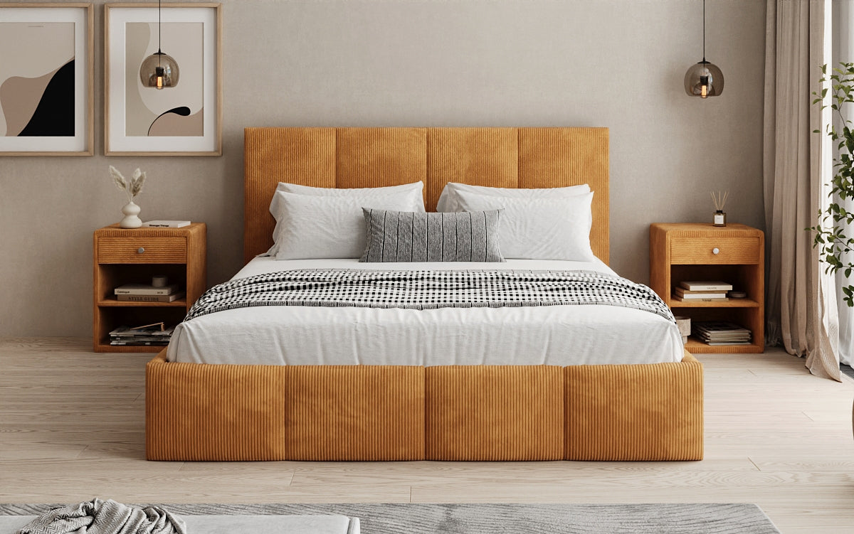 Designer Polsterbett Mina in Cord mit Stauraum