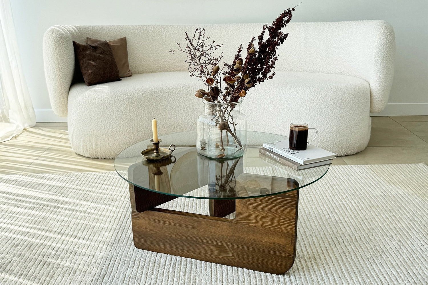 Couchtisch Palvero - mat ronder Glasplack an Kiefernholz