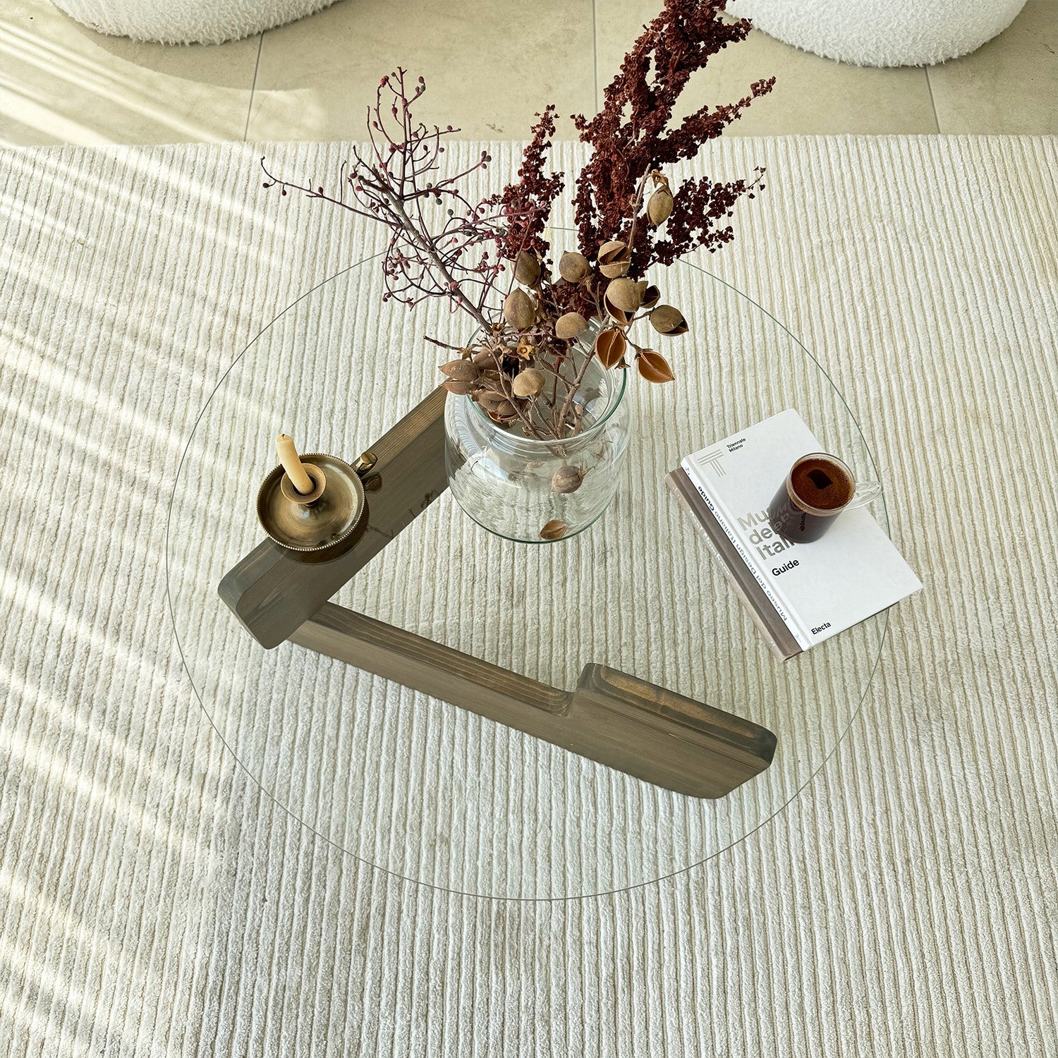 Table basse Palvero - avec plateau en verre rond et bois de pin