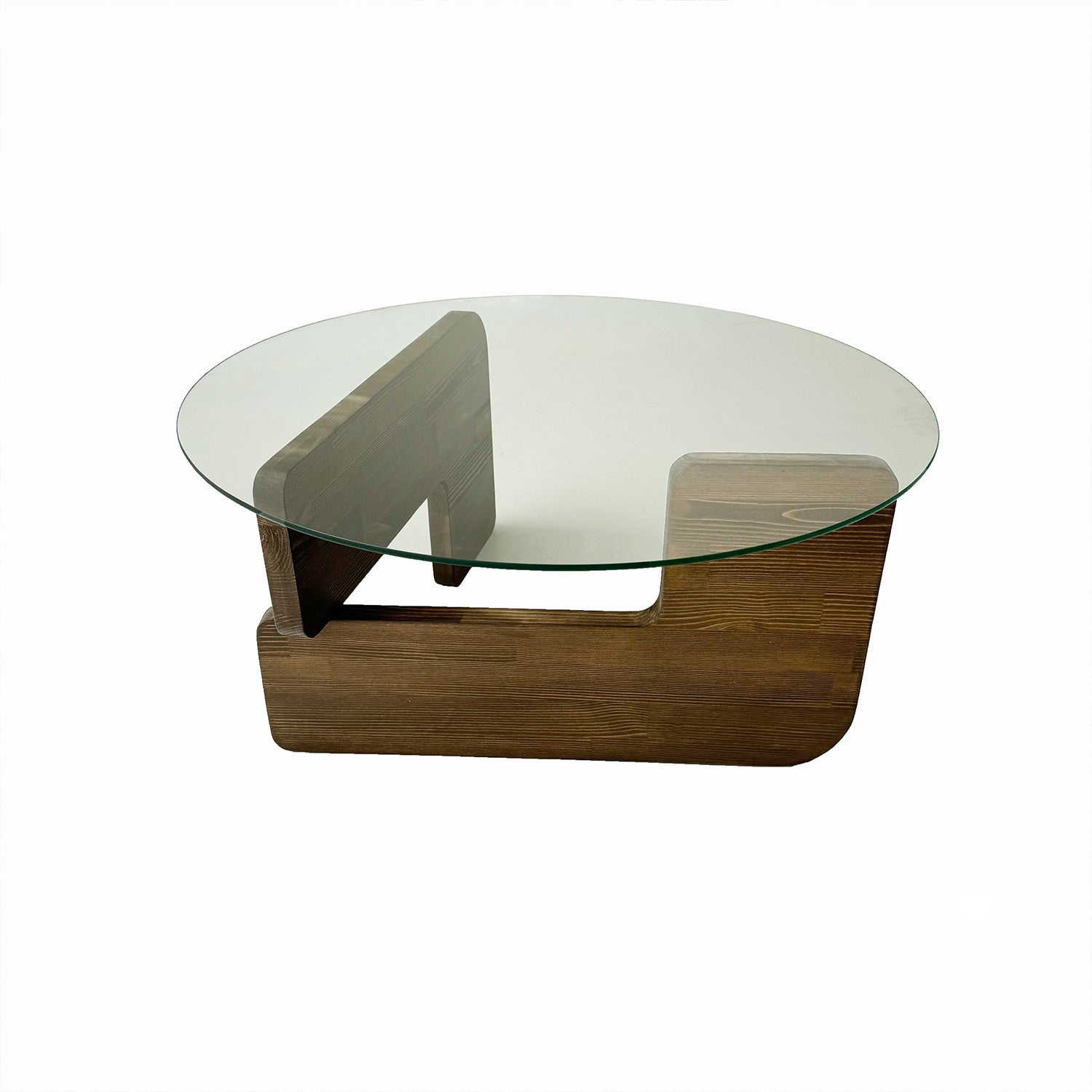 Table basse Palvero - avec plateau en verre rond et bois de pin