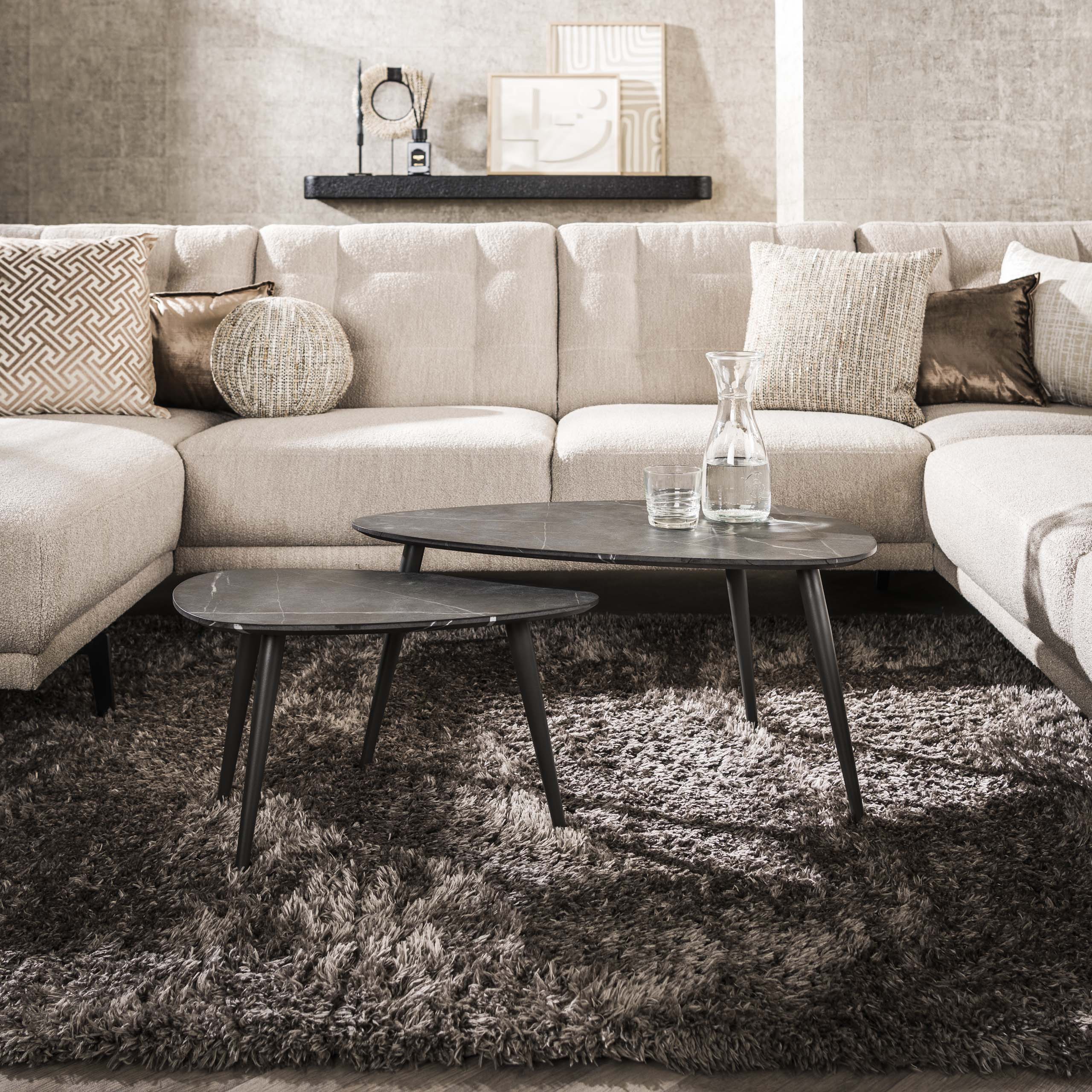 Coffee Table Alvara - Set of 2 made of melamine with ceramic look and a steel frame