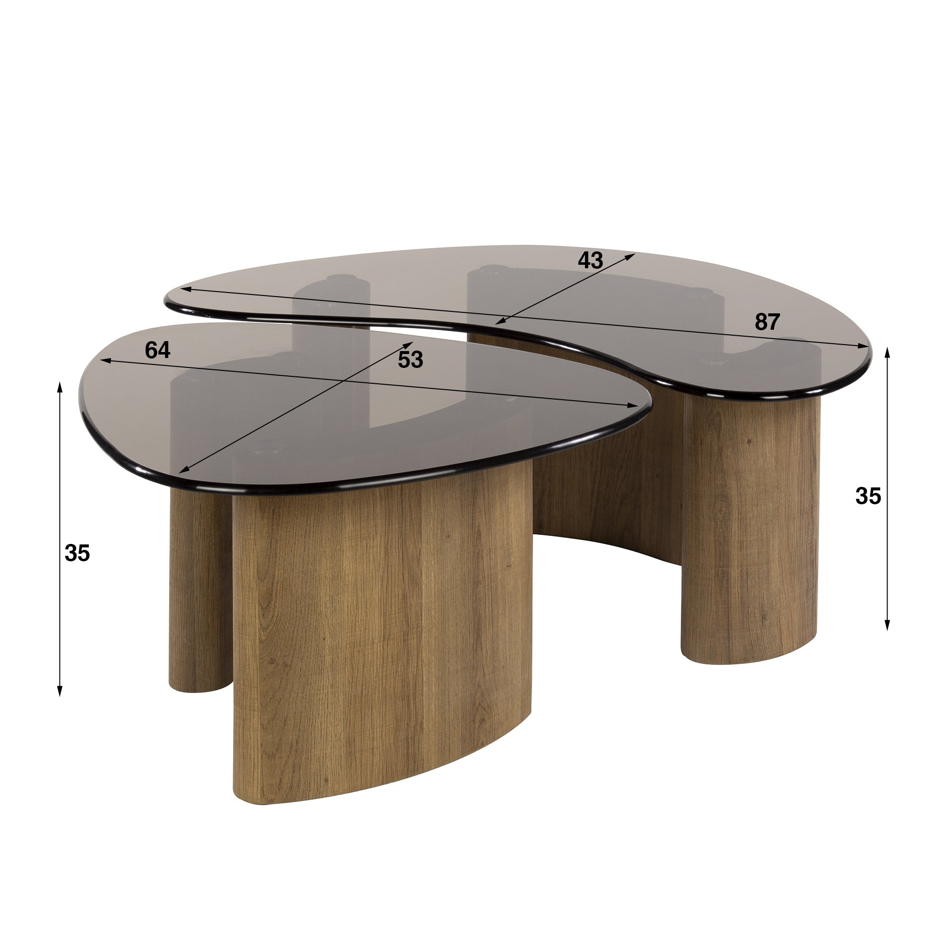 Table basse Aurora - lot de 2 avec plateau en verre fumé et structure aspect chêne