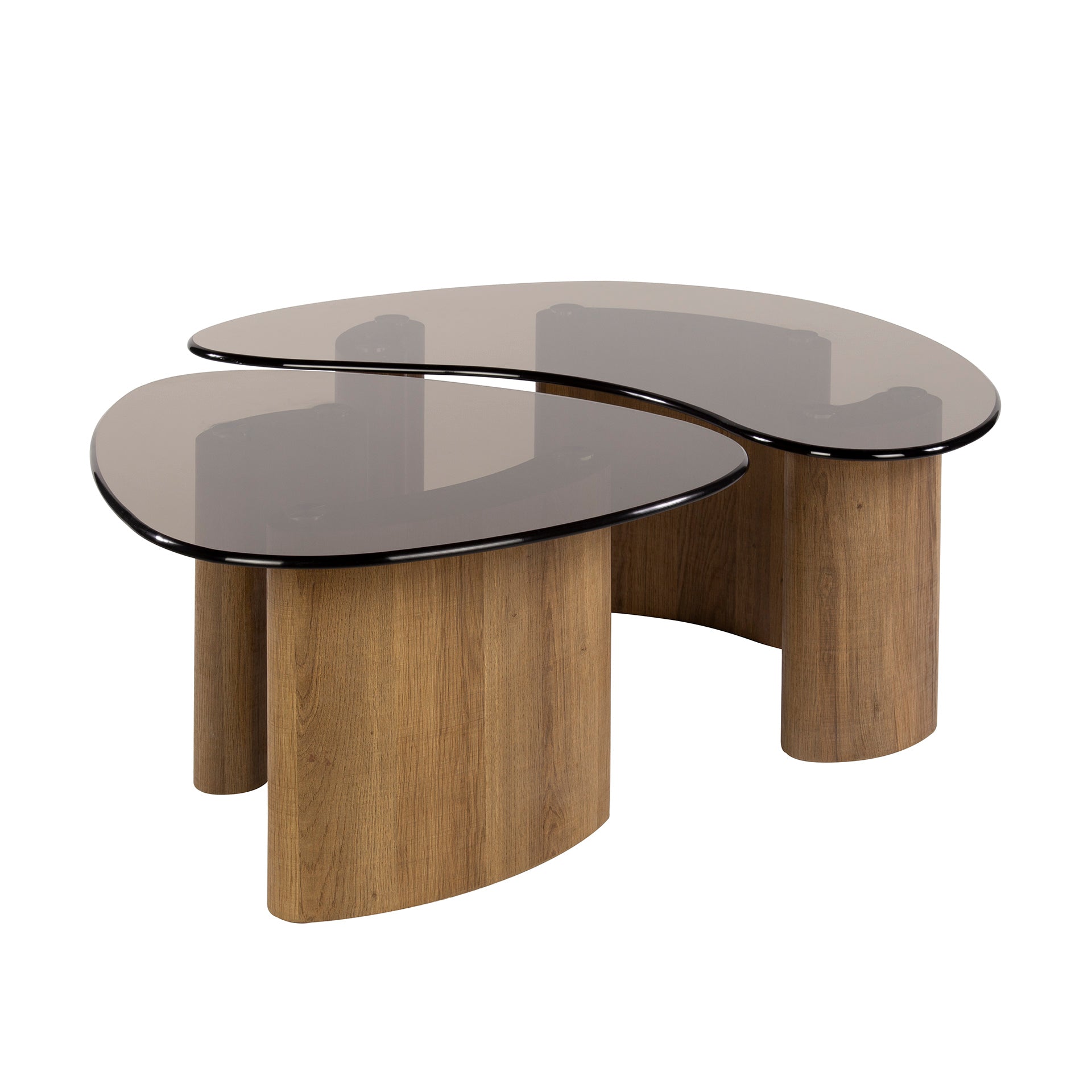 Table basse Aurora - lot de 2 avec plateau en verre fumé et structure aspect chêne