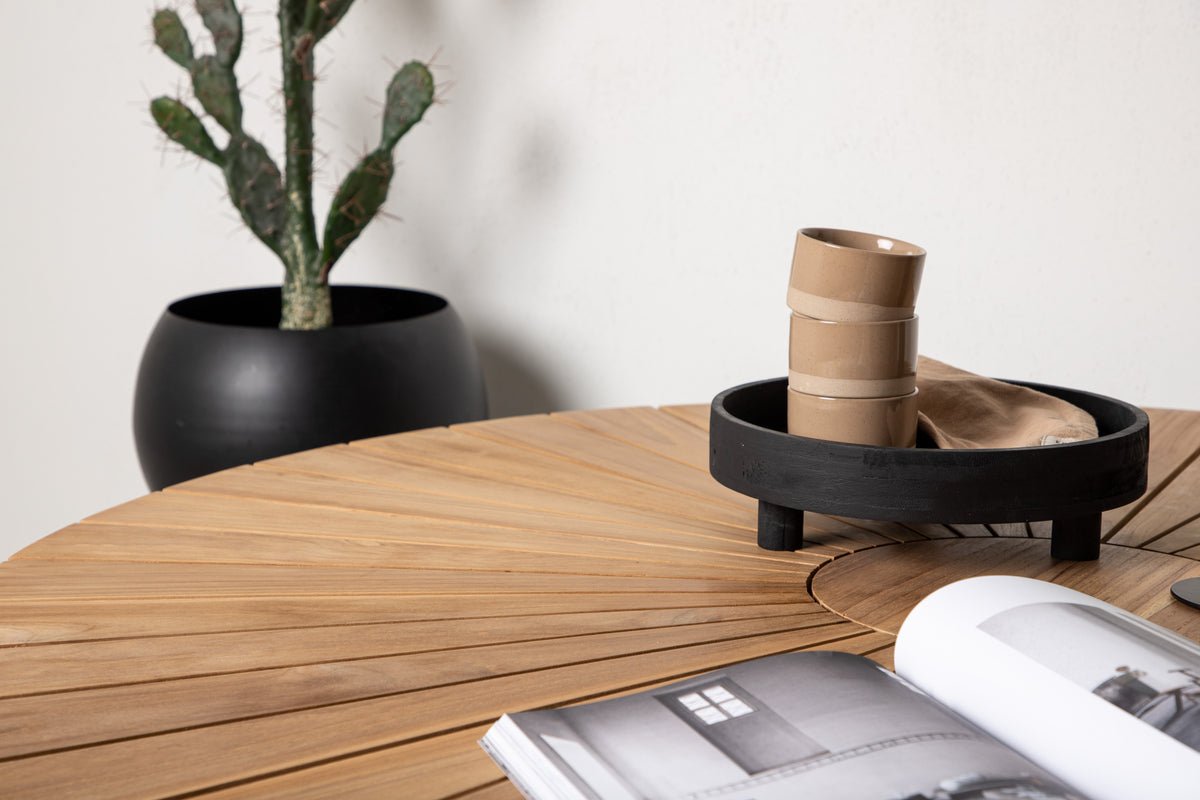 Gartentisch Mirani - en ronne Iessdësch aus Metall a Teakholz