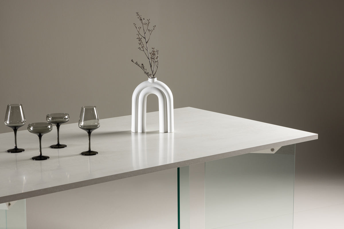 Brevon dining table - modern dining table on a glass frame with light gray tabletop
