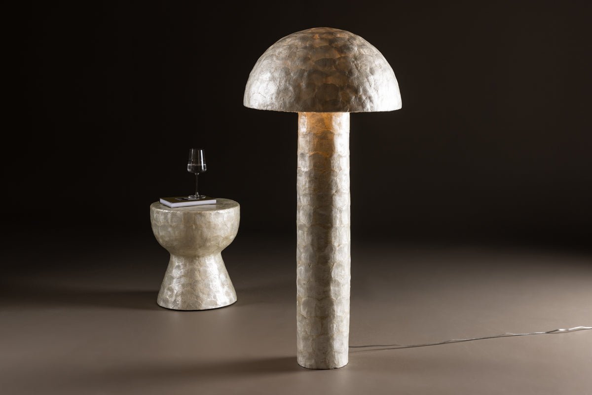 Stehlamp „Ardea“ – Capiz-Design an Hellgro (Héicht 120 cm)