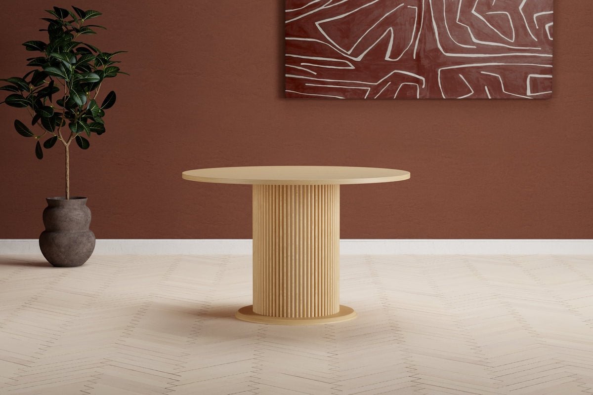 Dining Table Elsa - Round with Ribbed Pedestal & Wood Finish
