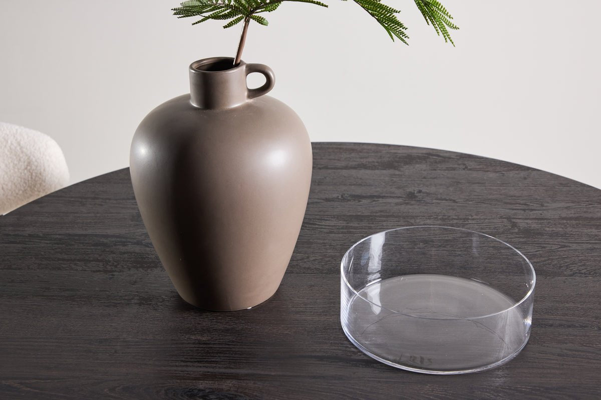 Dining table Agesta - round dining table with tabletop in Light Gray, mocha, and Black