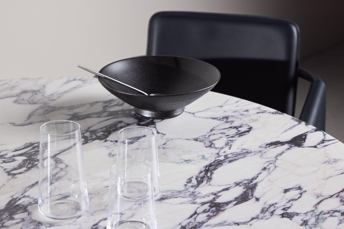 Dining table Agesta - round dining table with tabletop in Light Gray, mocha, and Black