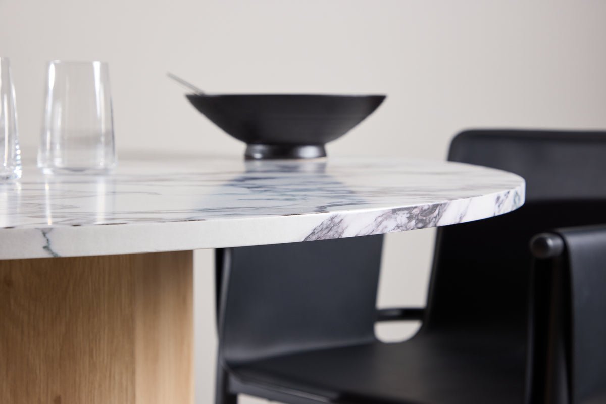 Dining table Agesta - round dining table with tabletop in Light Gray, mocha, and Black