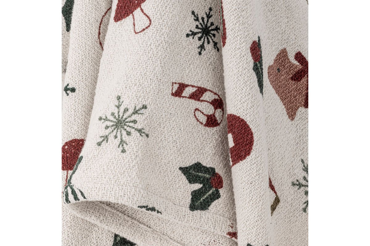 Iwwerdeck Aila - Natur/Grom, aus recycléierter Baumwoll, mat Chrëschtdekoratiounen