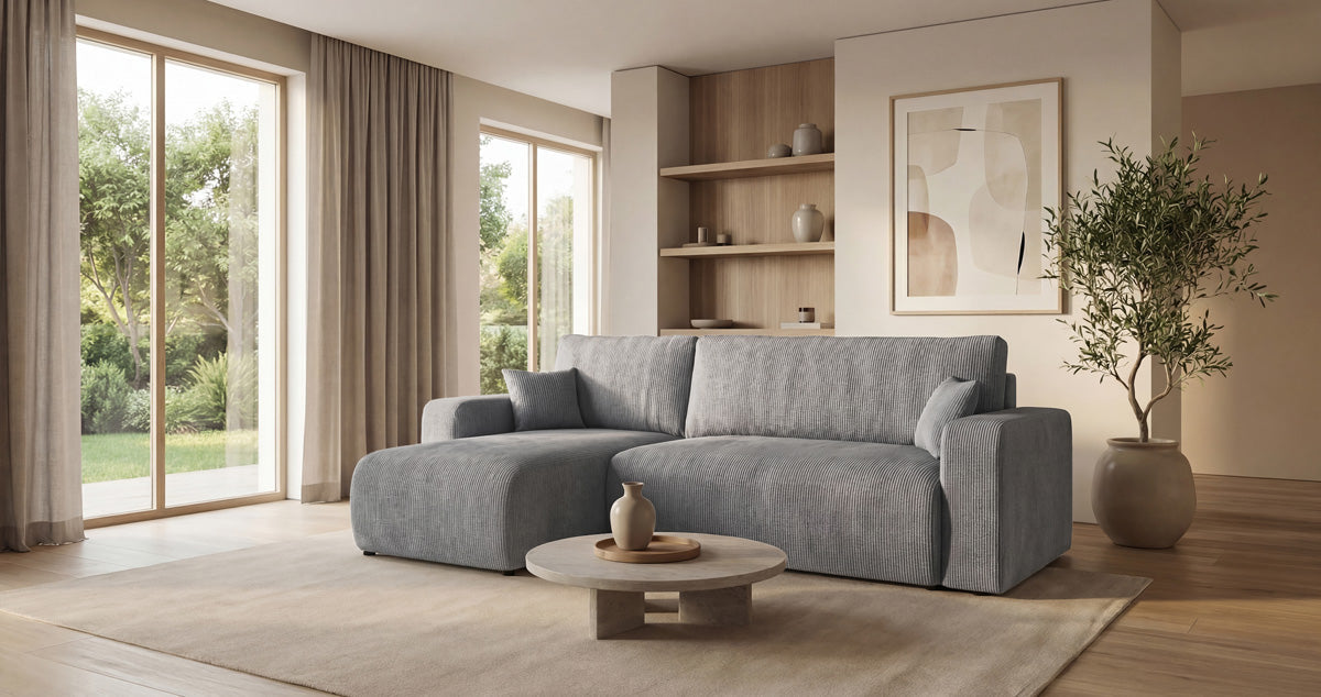 Designer Sofa Calva with Sleeper and Folding Function in Corduroy