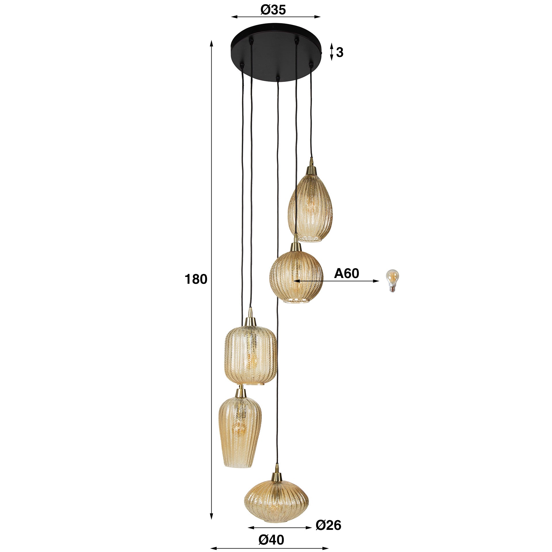 Pendant lamp "Thalys" – tiered with amber-colored glass in V-shape design