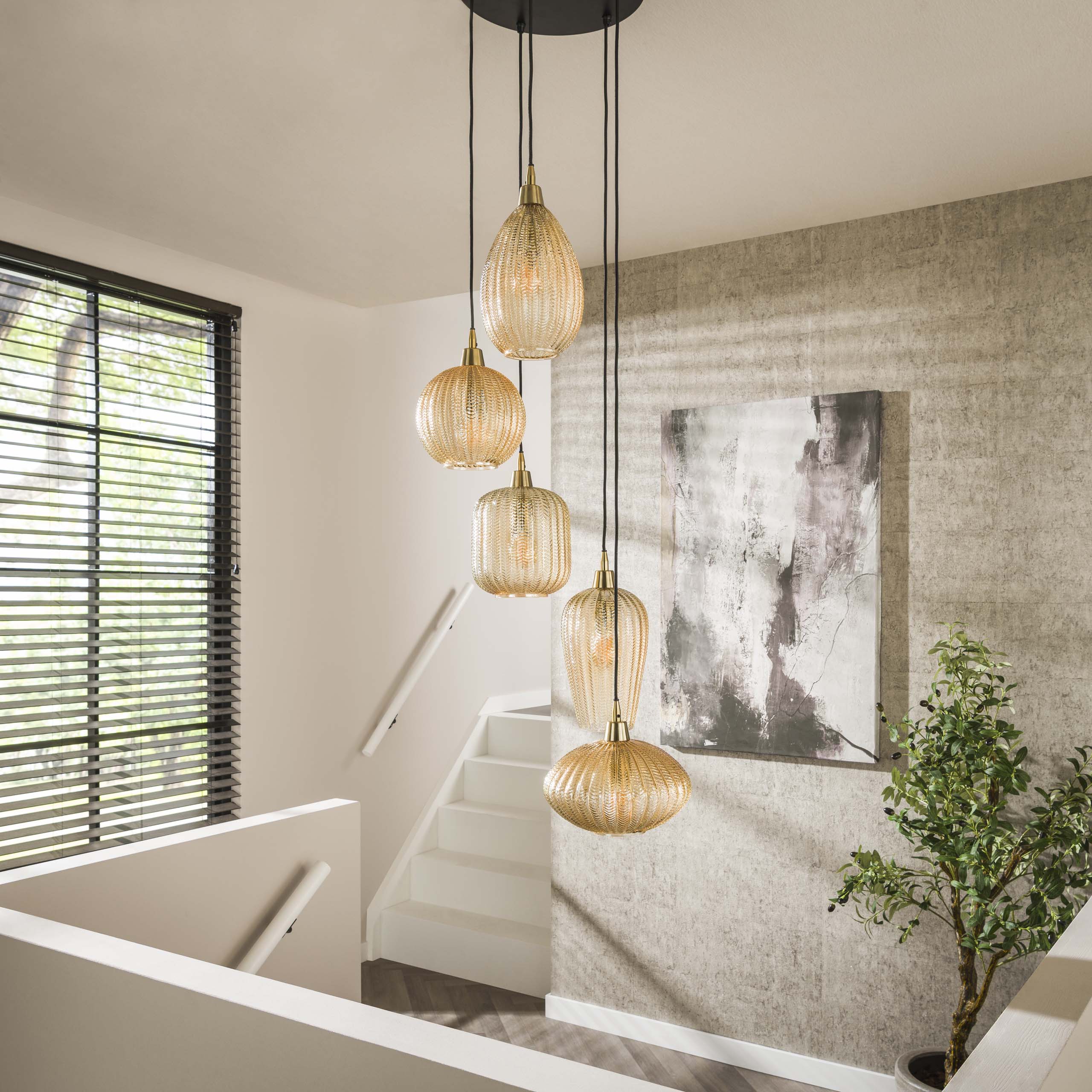 Pendant lamp "Thalys" – tiered with amber-colored glass in V-shape design