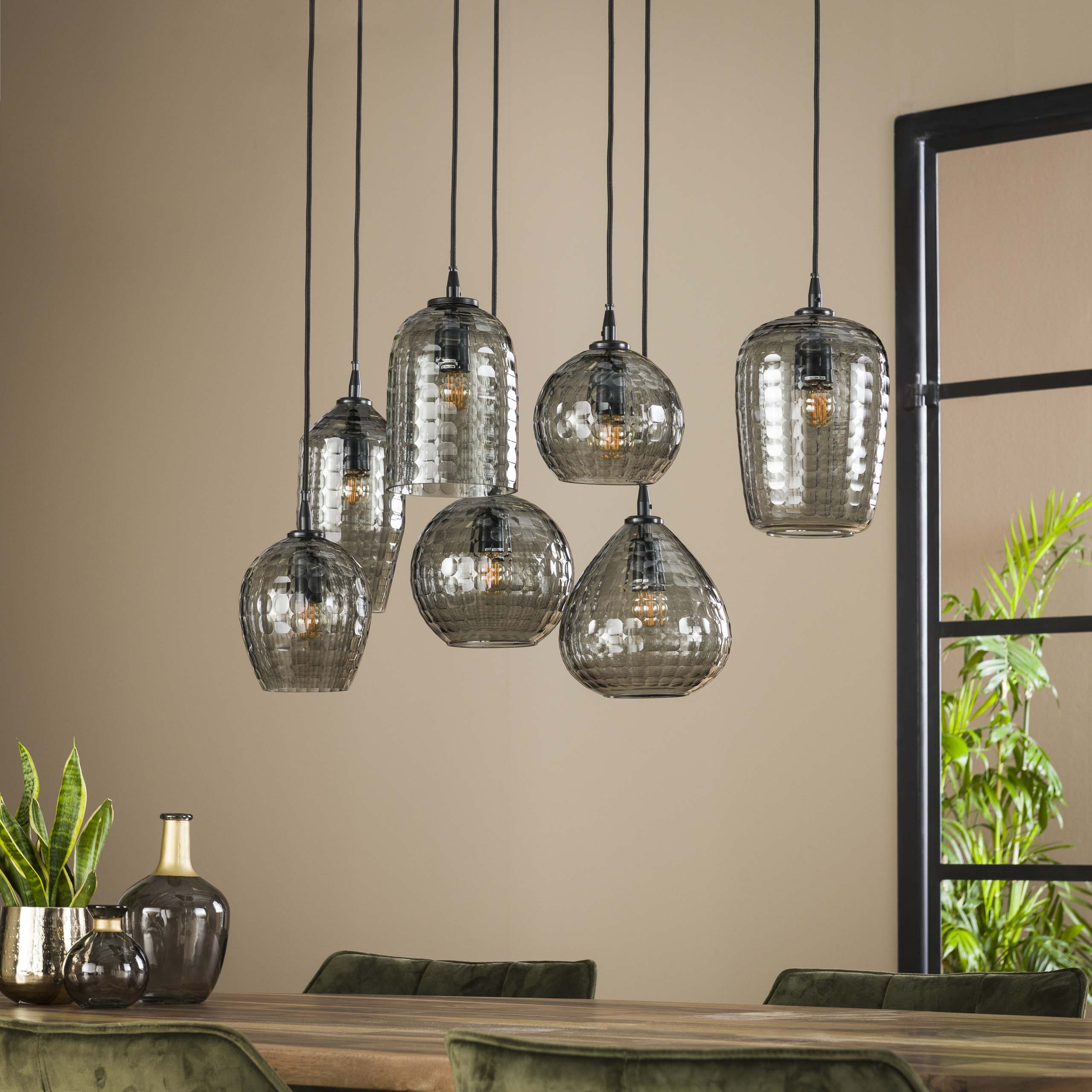 Suspension « Aurelia » – avec 7 lampes en design verre fumé et armature en métal