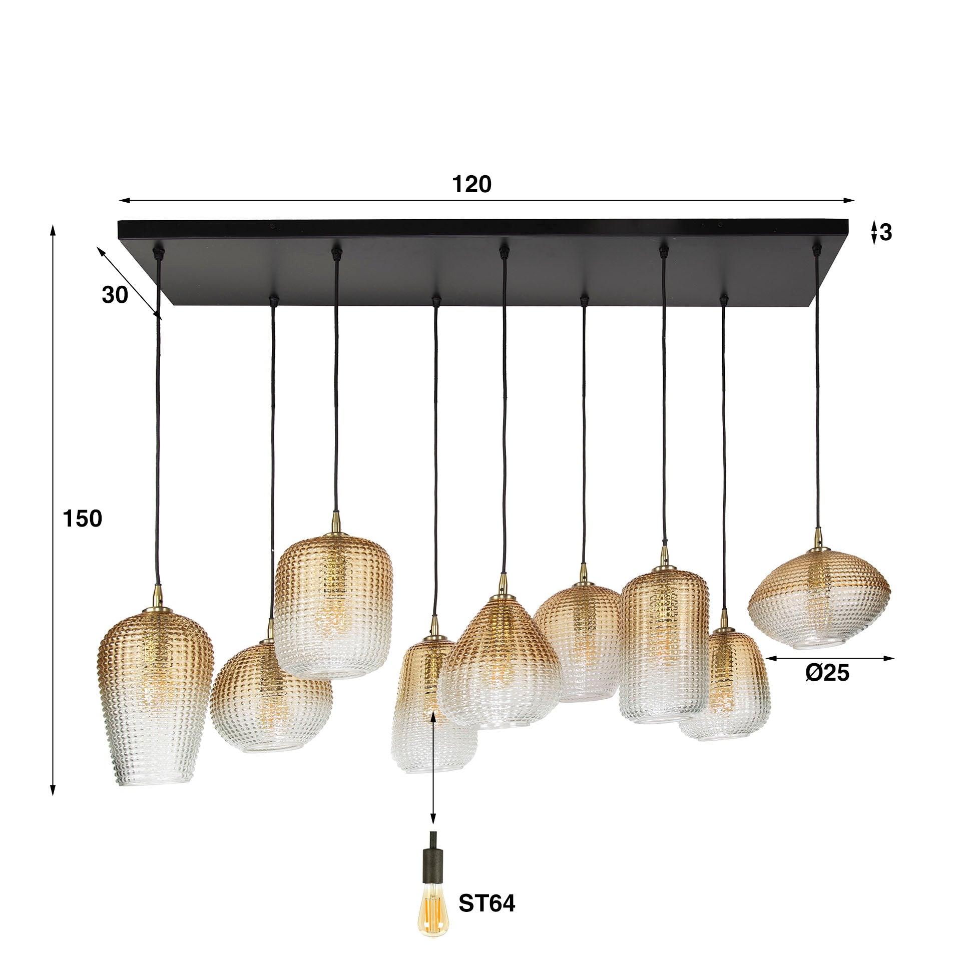 Pendant lamp "Luxor" – with 9 lights and amber gradient