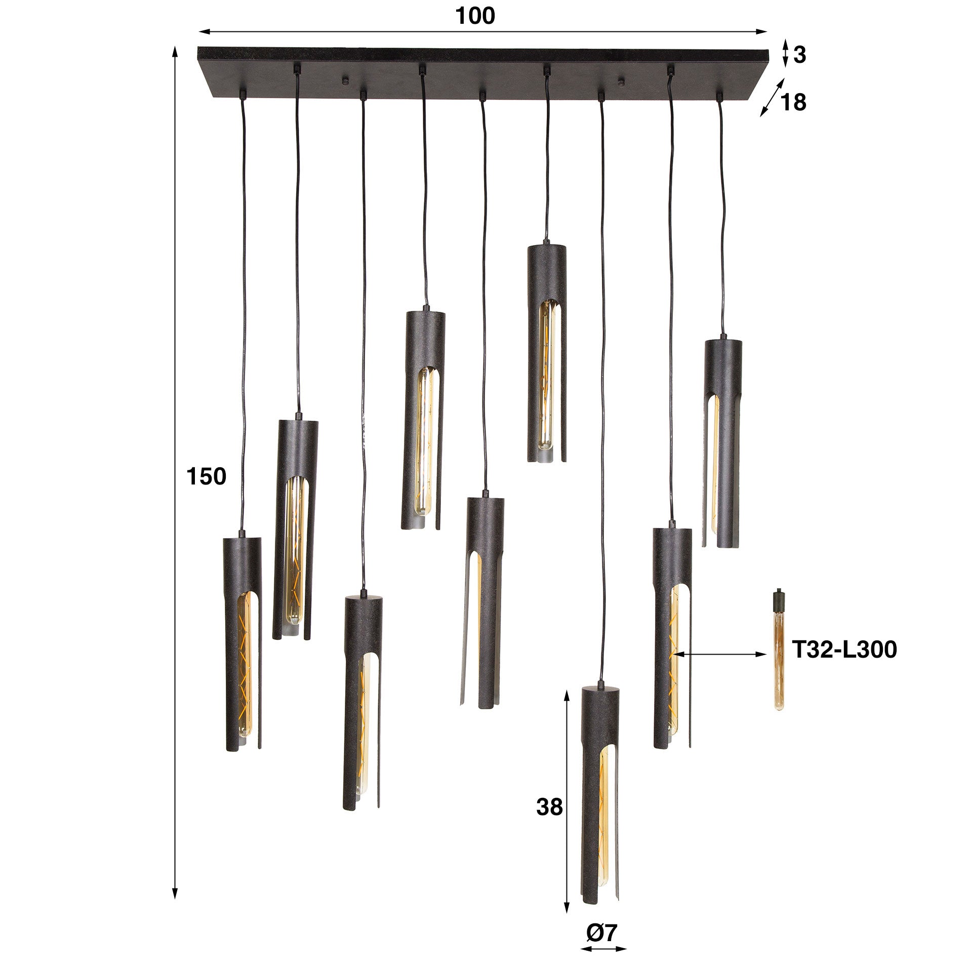 Pendant Light "Aveline" – With 9 Lights in Elegant Black Tube Design