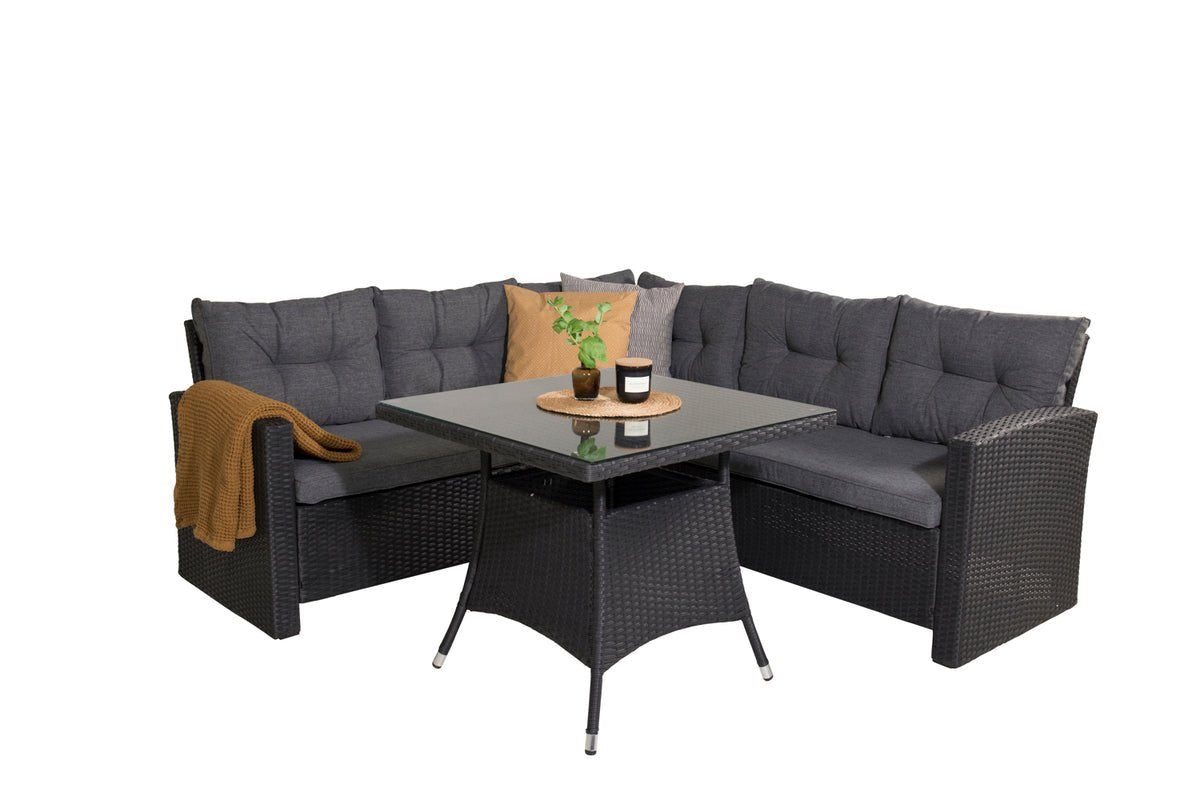 Garteloungeset Olivia – mat Ecksofa & Glas-Couchtisch a zwee Faarwen