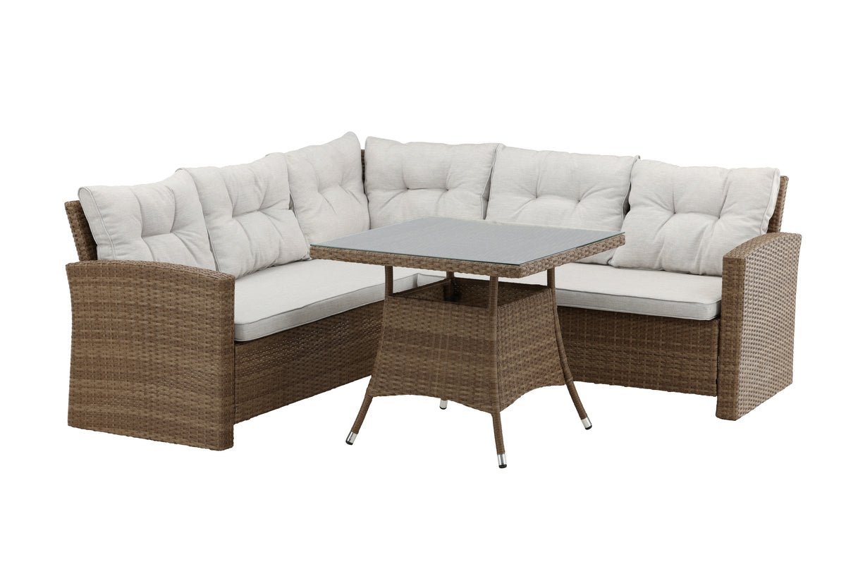 Garteloungeset Olivia – mat Ecksofa & Glas-Couchtisch a zwee Faarwen