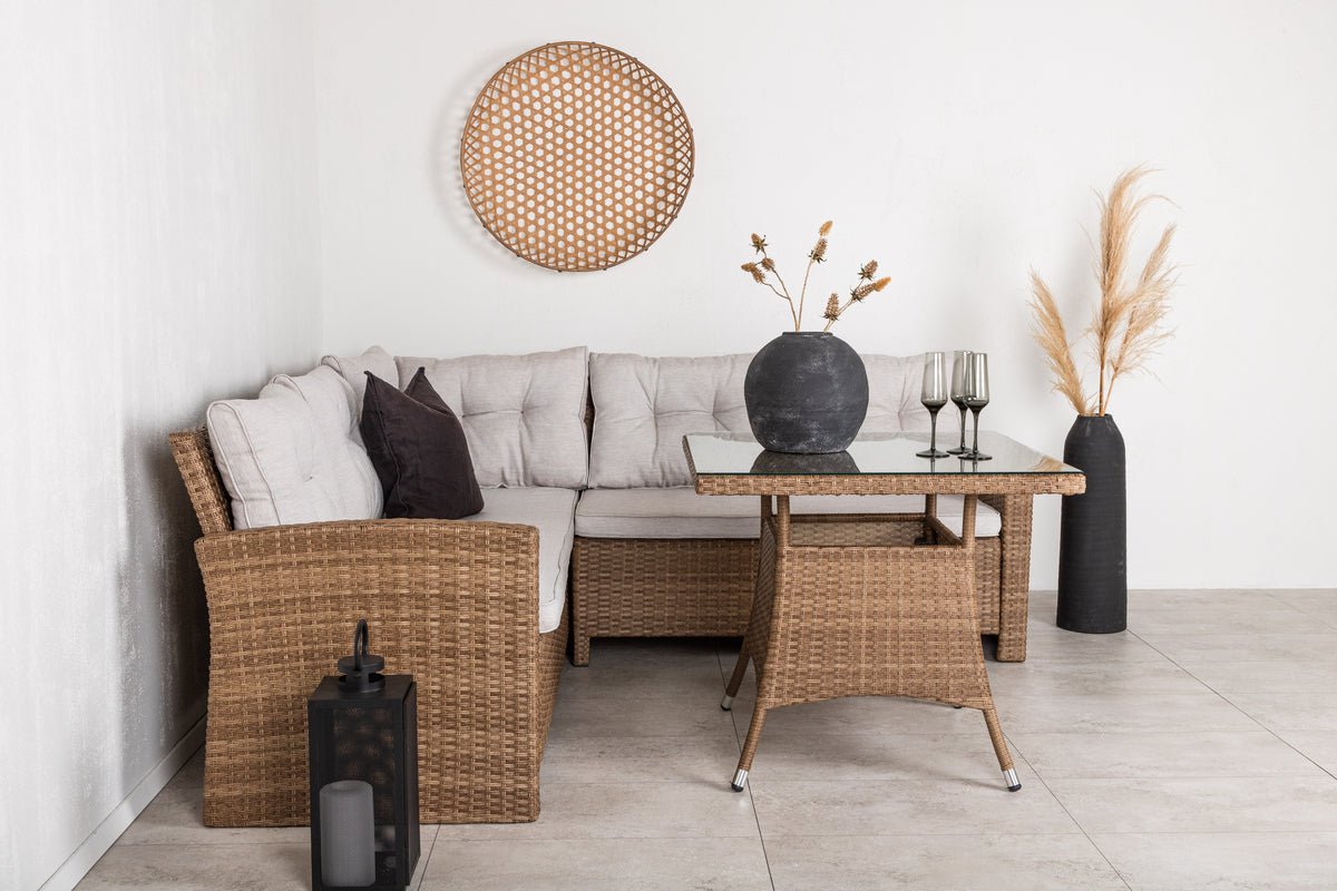 Garteloungeset Olivia – mat Ecksofa & Glas-Couchtisch a zwee Faarwen