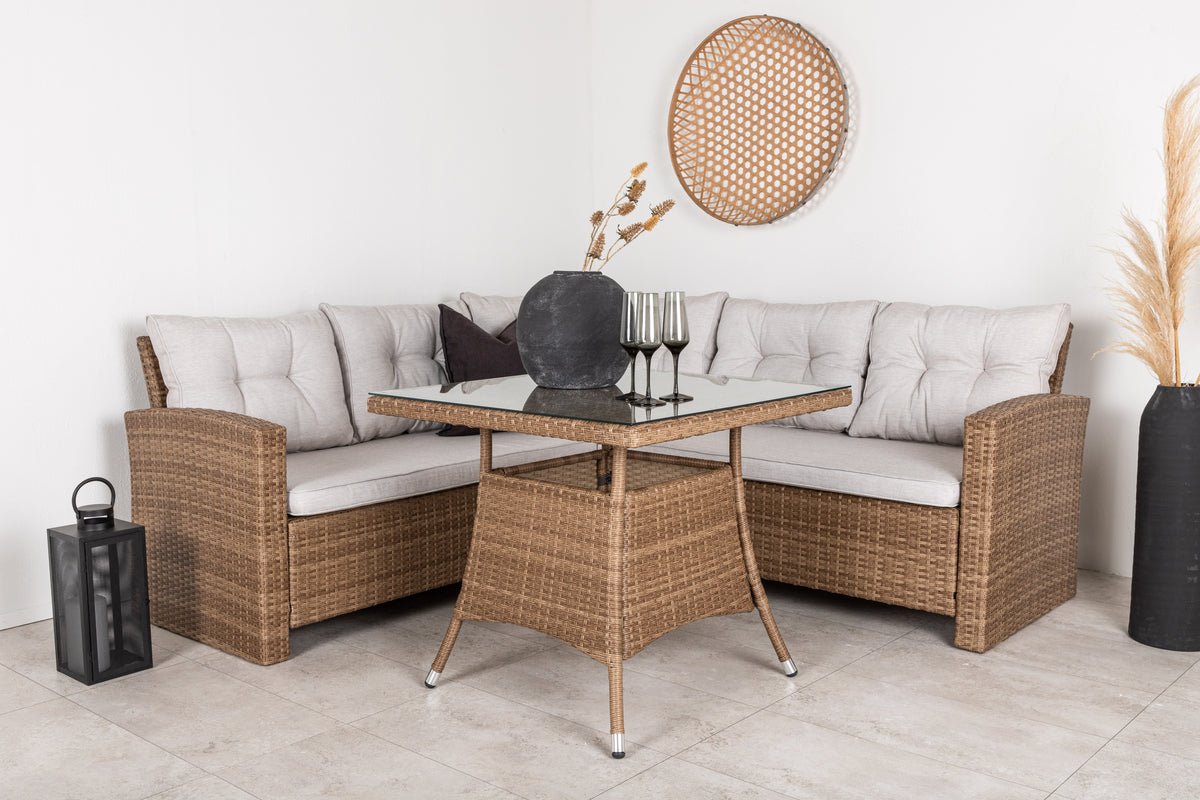 Garteloungeset Olivia – mat Ecksofa & Glas-Couchtisch a zwee Faarwen