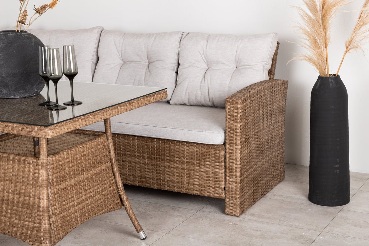Garteloungeset Olivia – mat Ecksofa & Glas-Couchtisch a zwee Faarwen