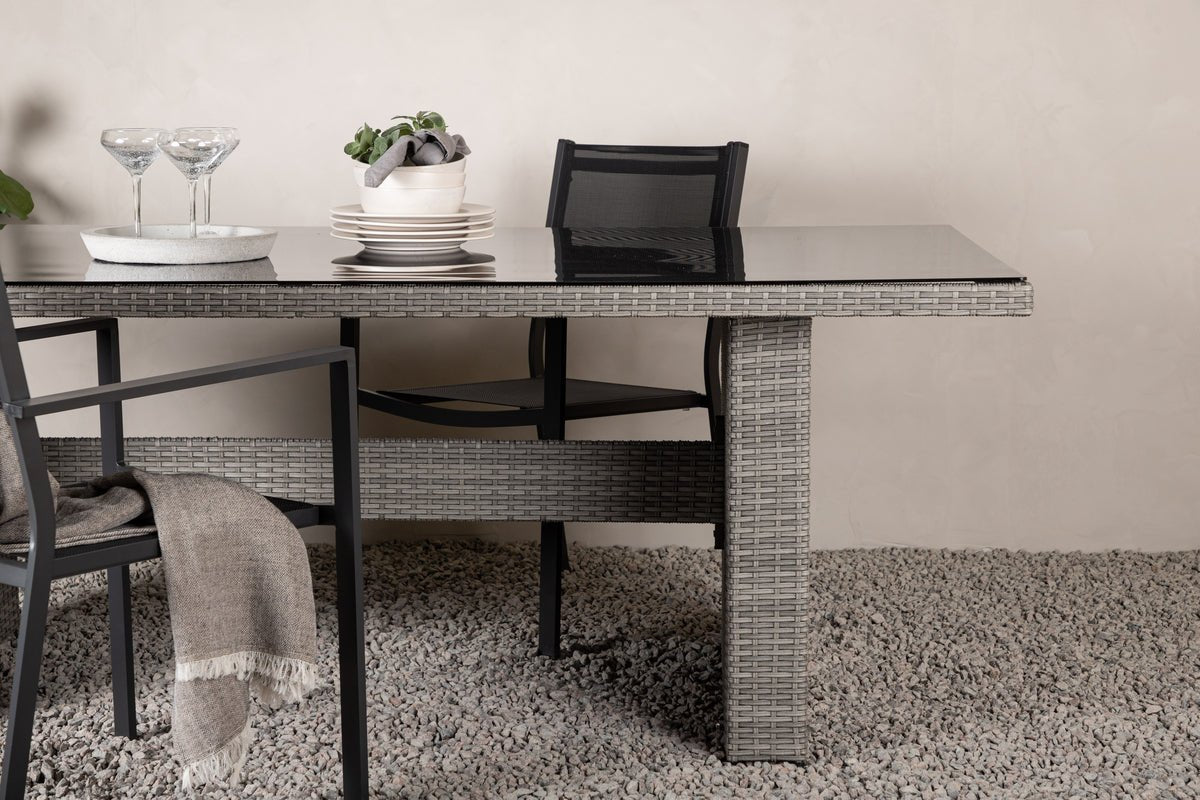 Garden Dining Table Valerio - 200x100 cm made of gray rattan with glass top