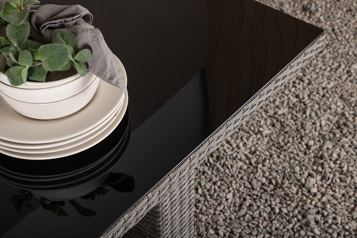 Garden Dining Table Valerio - 200x100 cm made of gray rattan with glass top