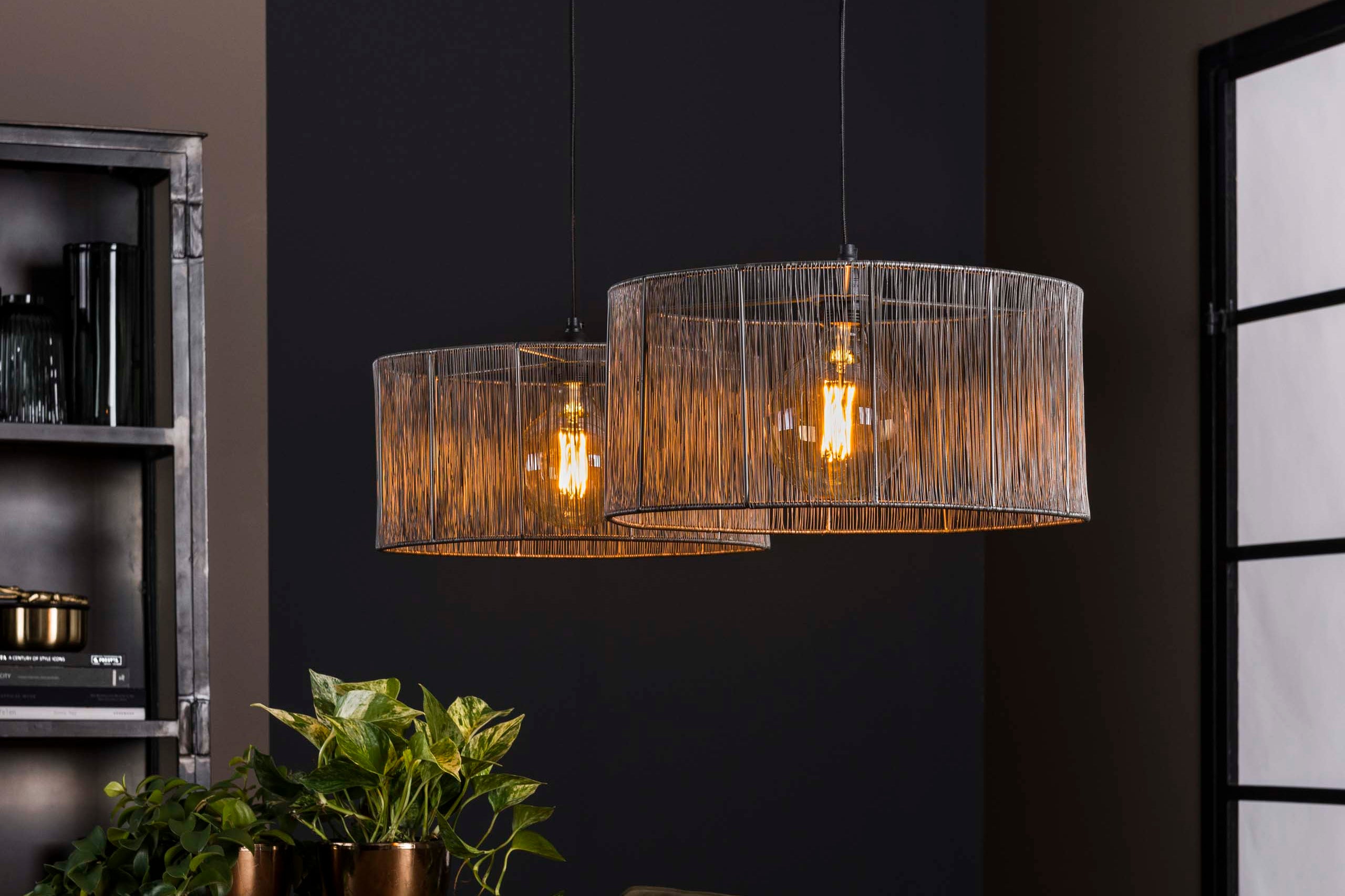 Suspension « Candela » – 2 lampes avec abat-jour tressé en nickel noir