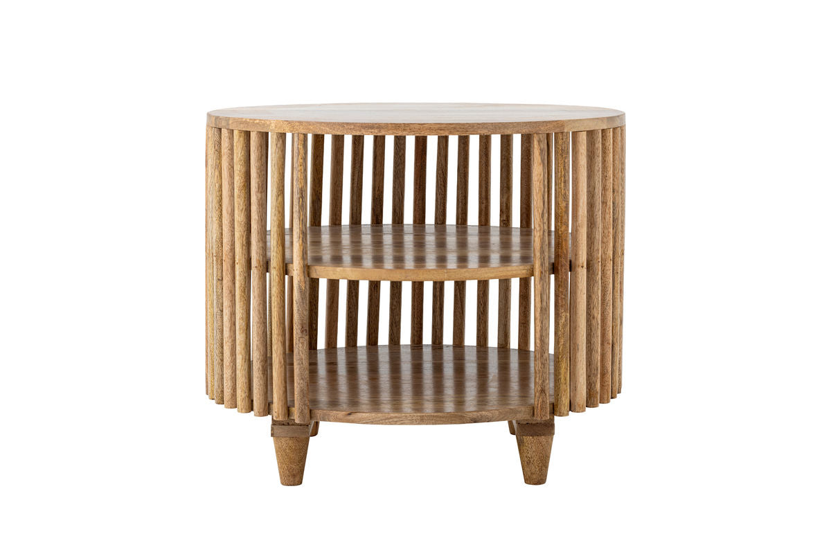 Table basse Keegan – Design rond en bois de manguier avec étagères pratiques
