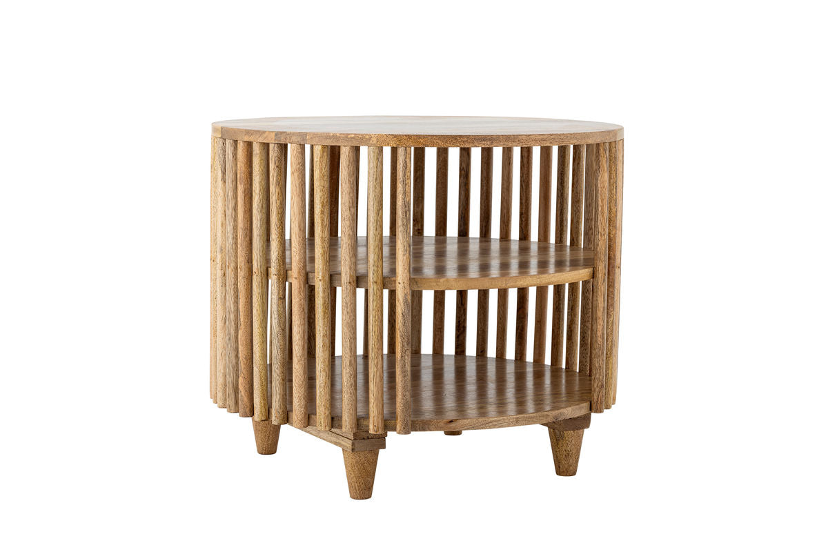 Table basse Keegan – Design rond en bois de manguier avec étagères pratiques