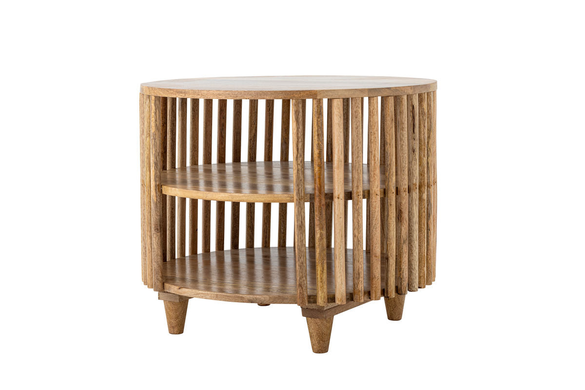 Table basse Keegan – Design rond en bois de manguier avec étagères pratiques