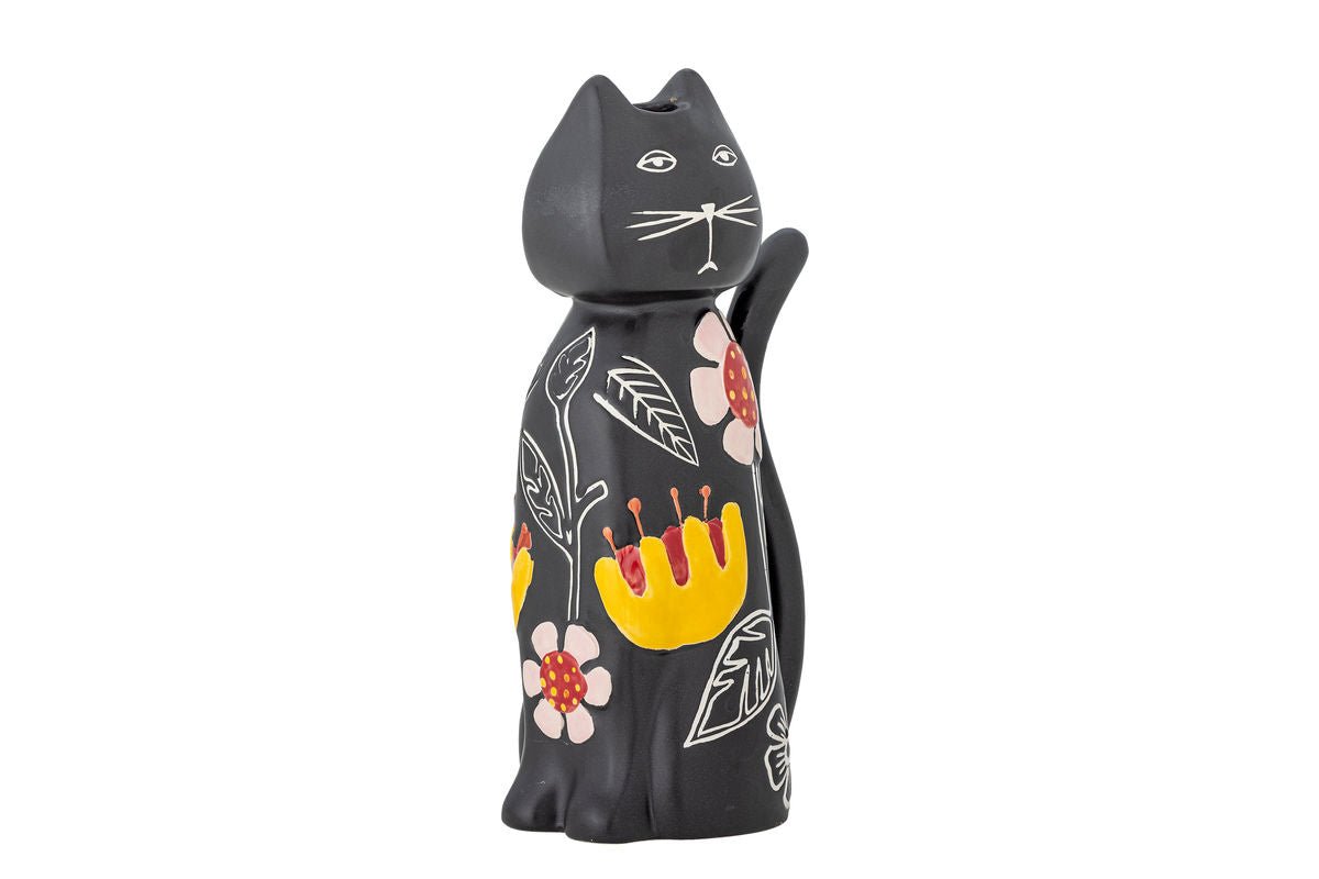 Bougeoir Nera – Figurine de chat peinte à la main avec accents floraux