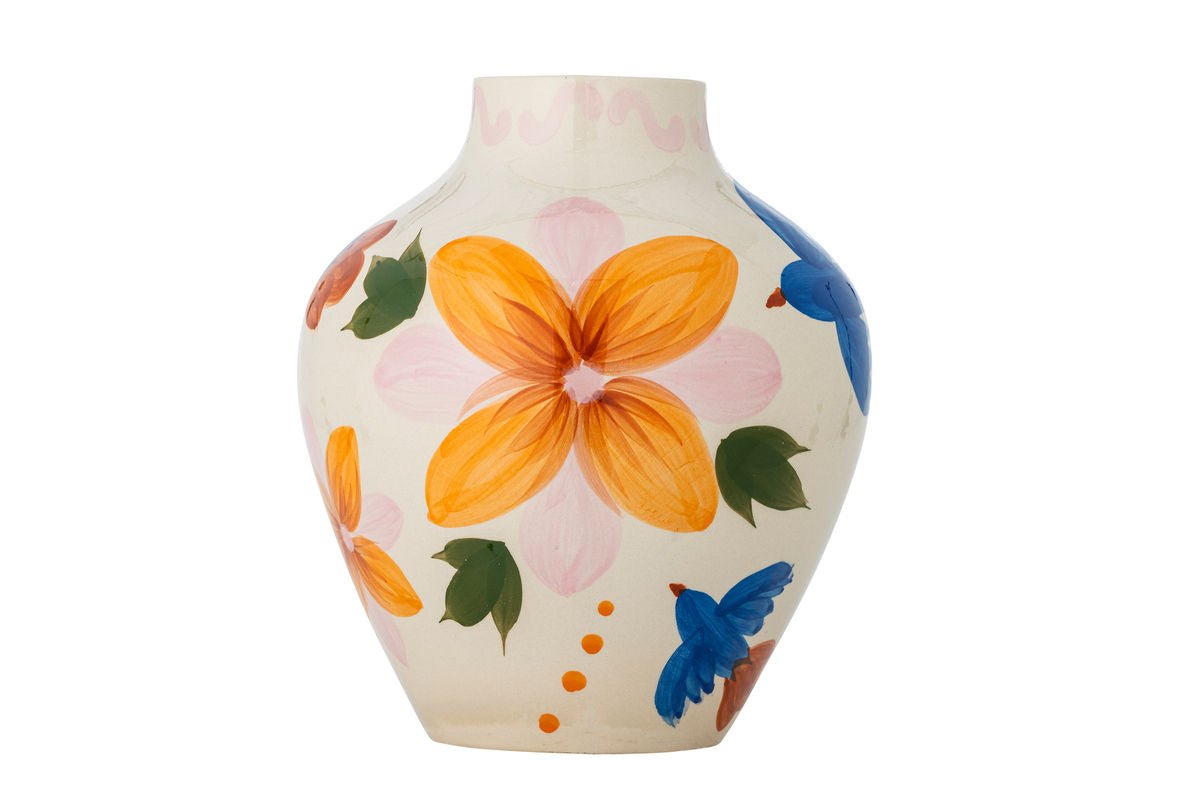 Vase Mariella – vase en grès peint à la main en couleurs avec motif d'oiseau