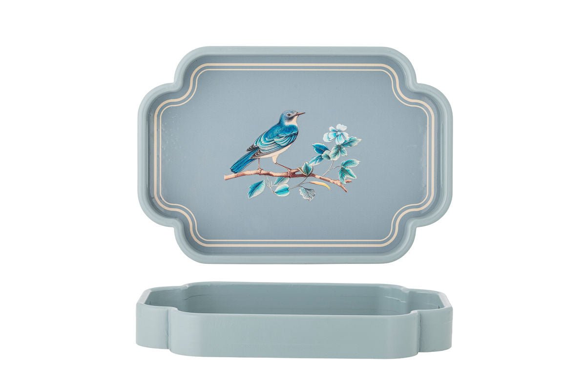 Tablett Bellora – Illustrativt Vugelmotiv a bloe Faarwen