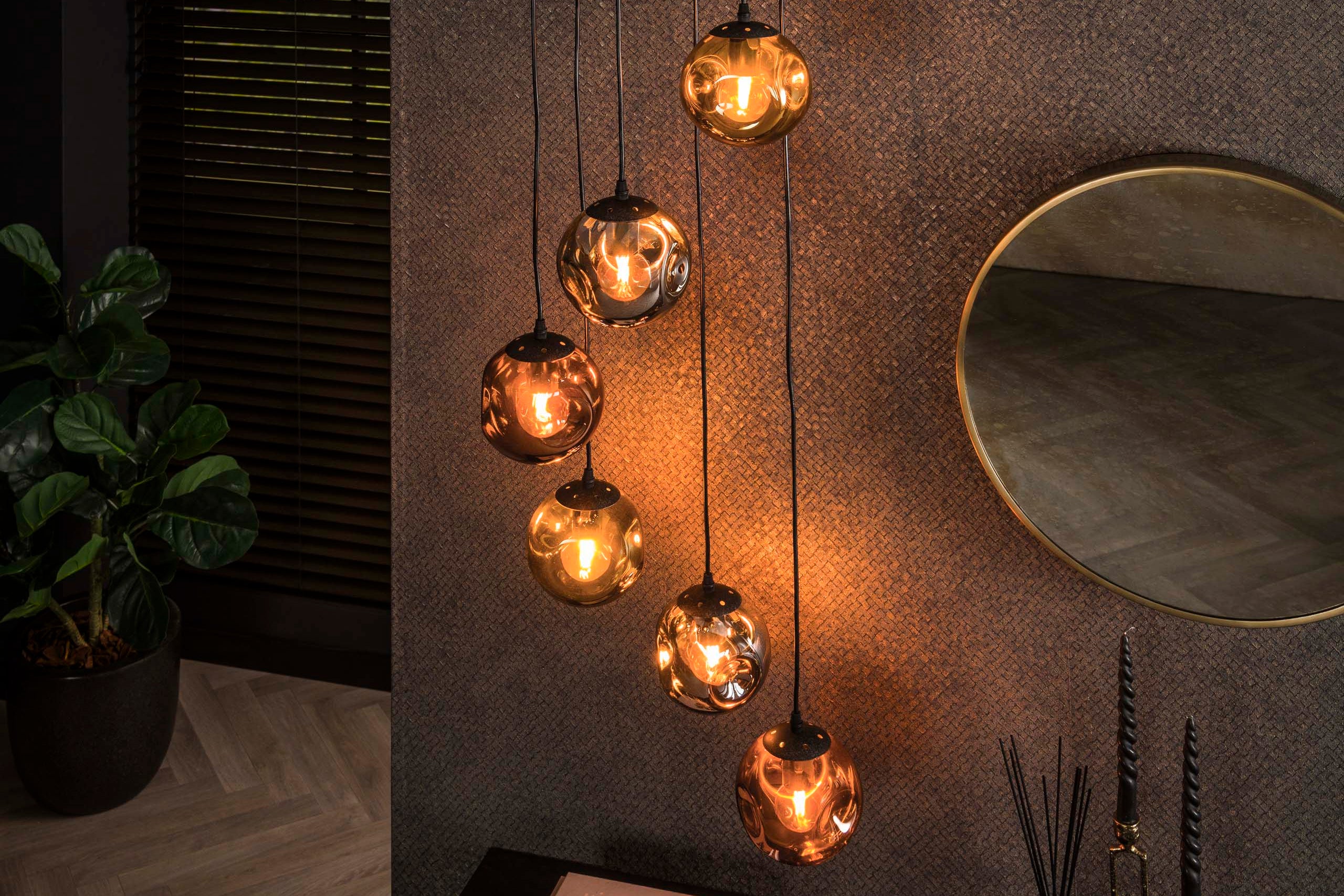 Pendant Light "Seraphis" – 6-tiered Lights in the Metal Color Combination Gold, Copper, and Chrome