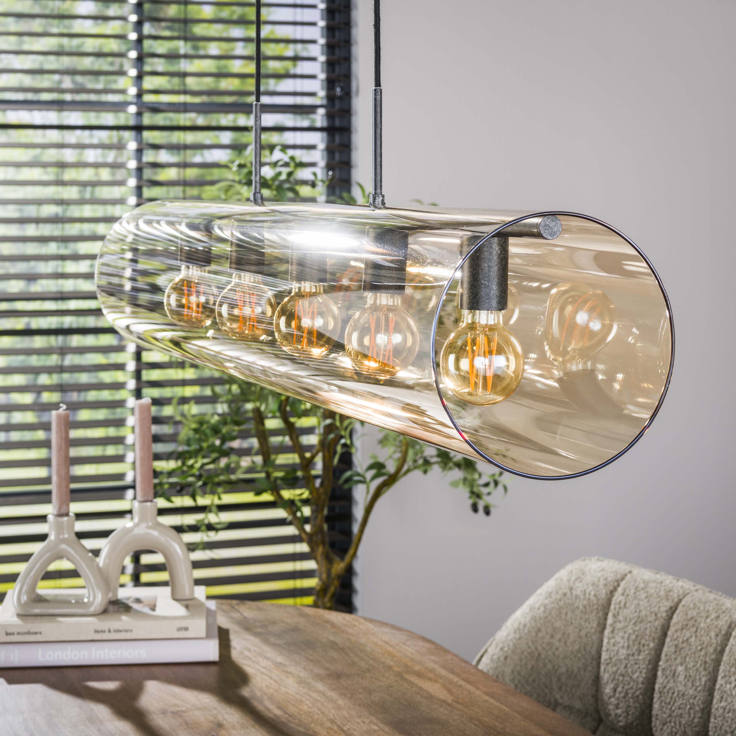 Pendant Light "Solvira" – With 5 Lights in Horizontal Tube-Amber Glass Design