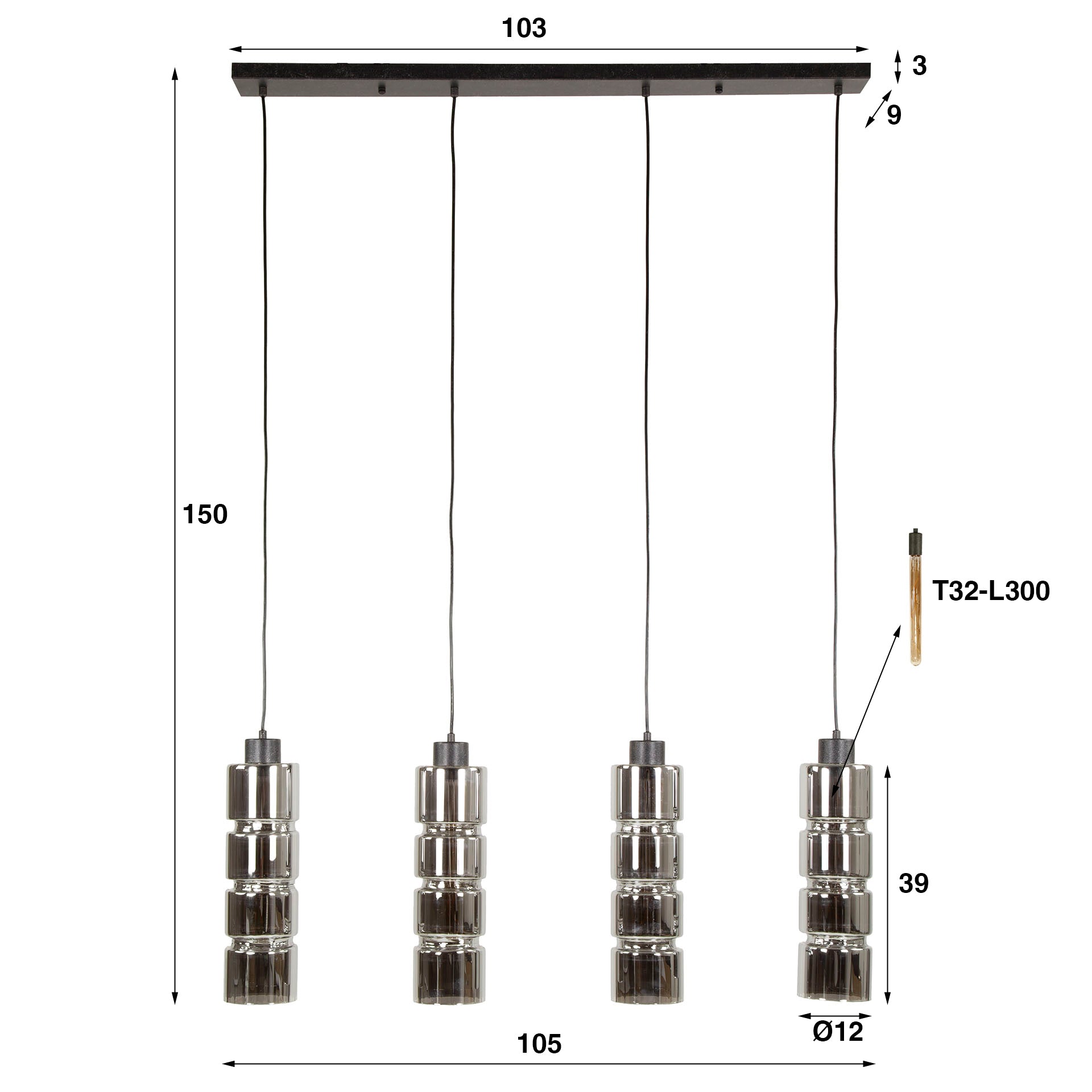 Suspension « Navaro » – 4 lampes avec abat-jours en verre chromé de forme cylindrique