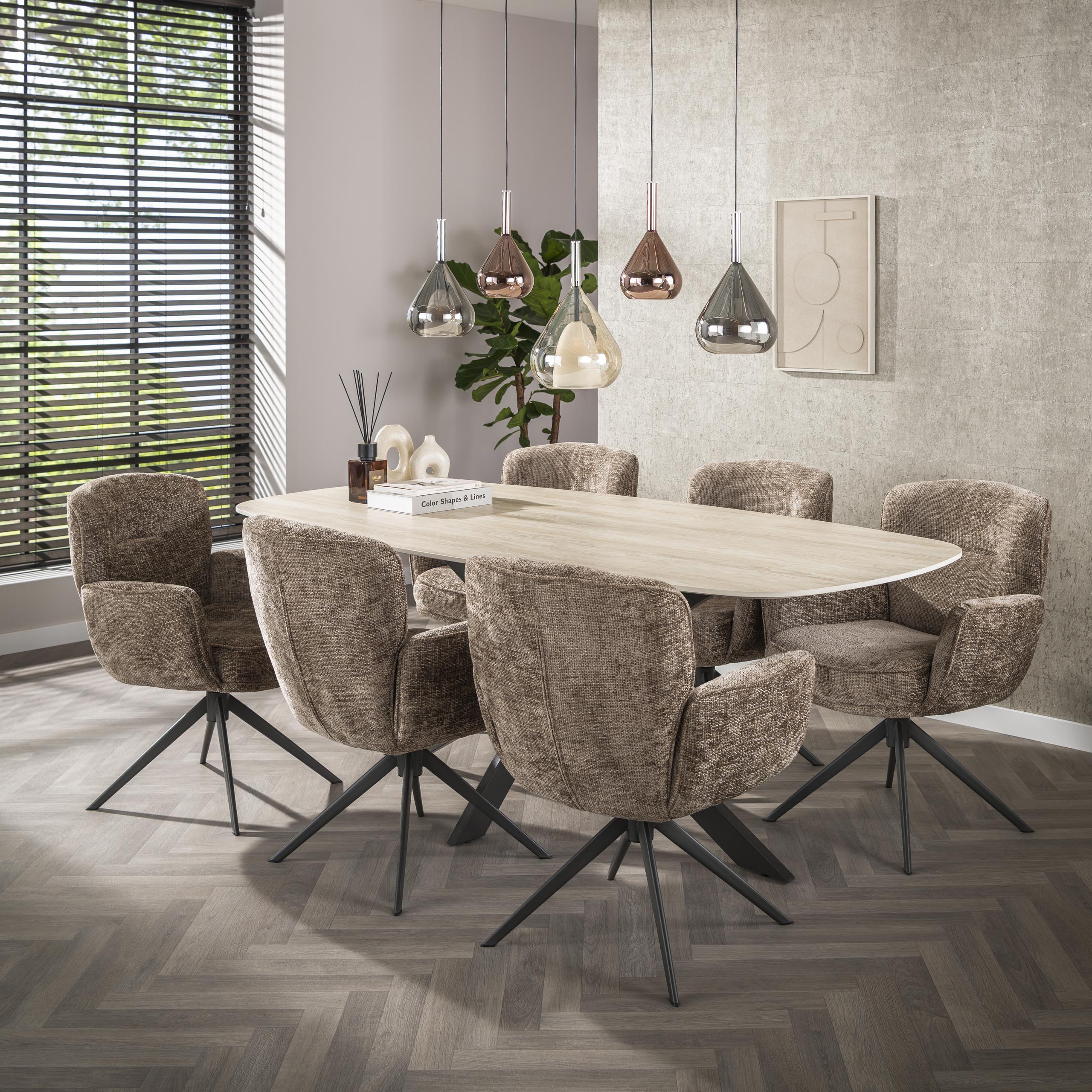 Pendelleuchter "Lysandra" – 5 drëpsfërmeg Glaschirme a Bernstein, Kuper a Chrom