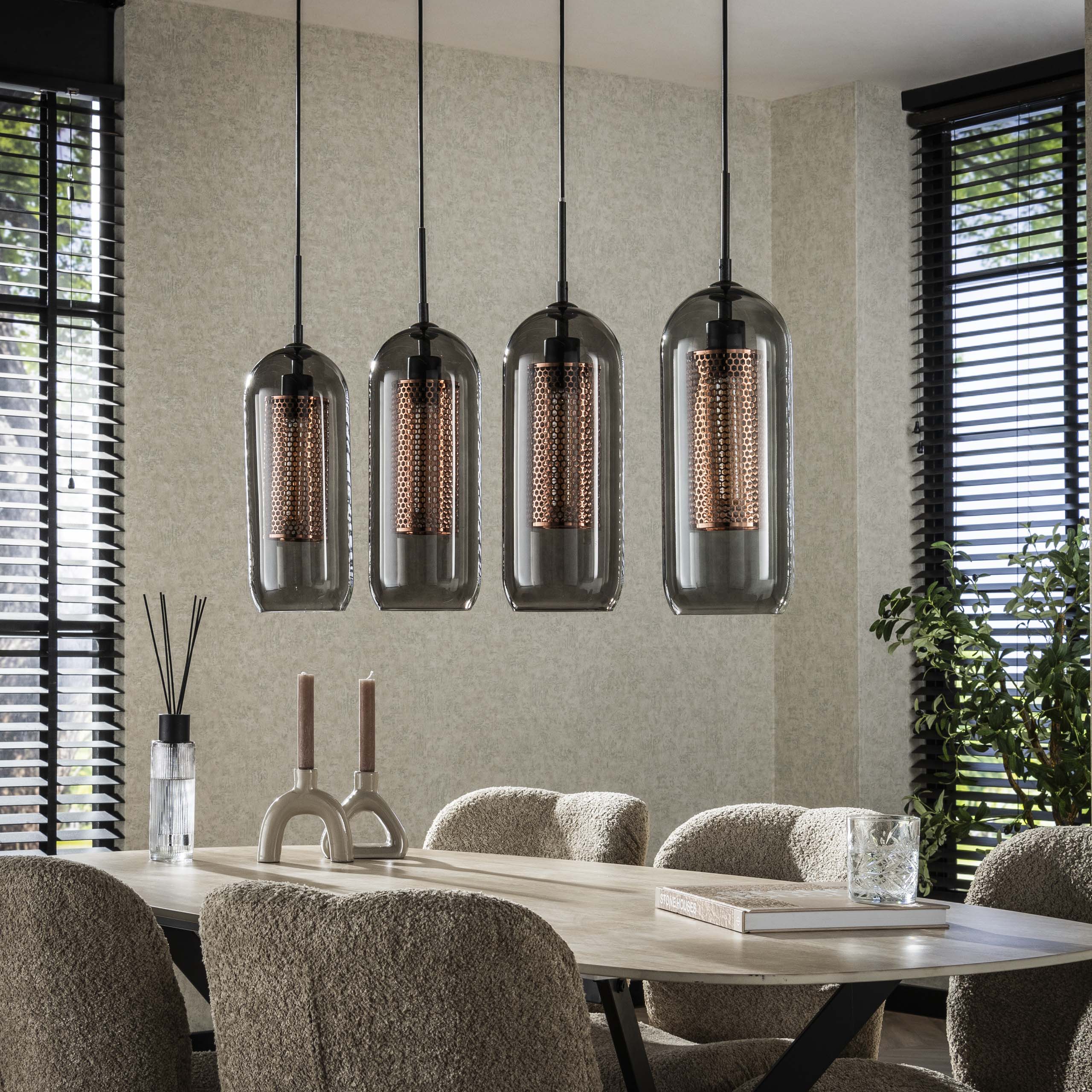 Pendant Light "Rivella" – With 4 Lights in Smoke Glass Mesh Design with Cylindrical Copper Grid Shades