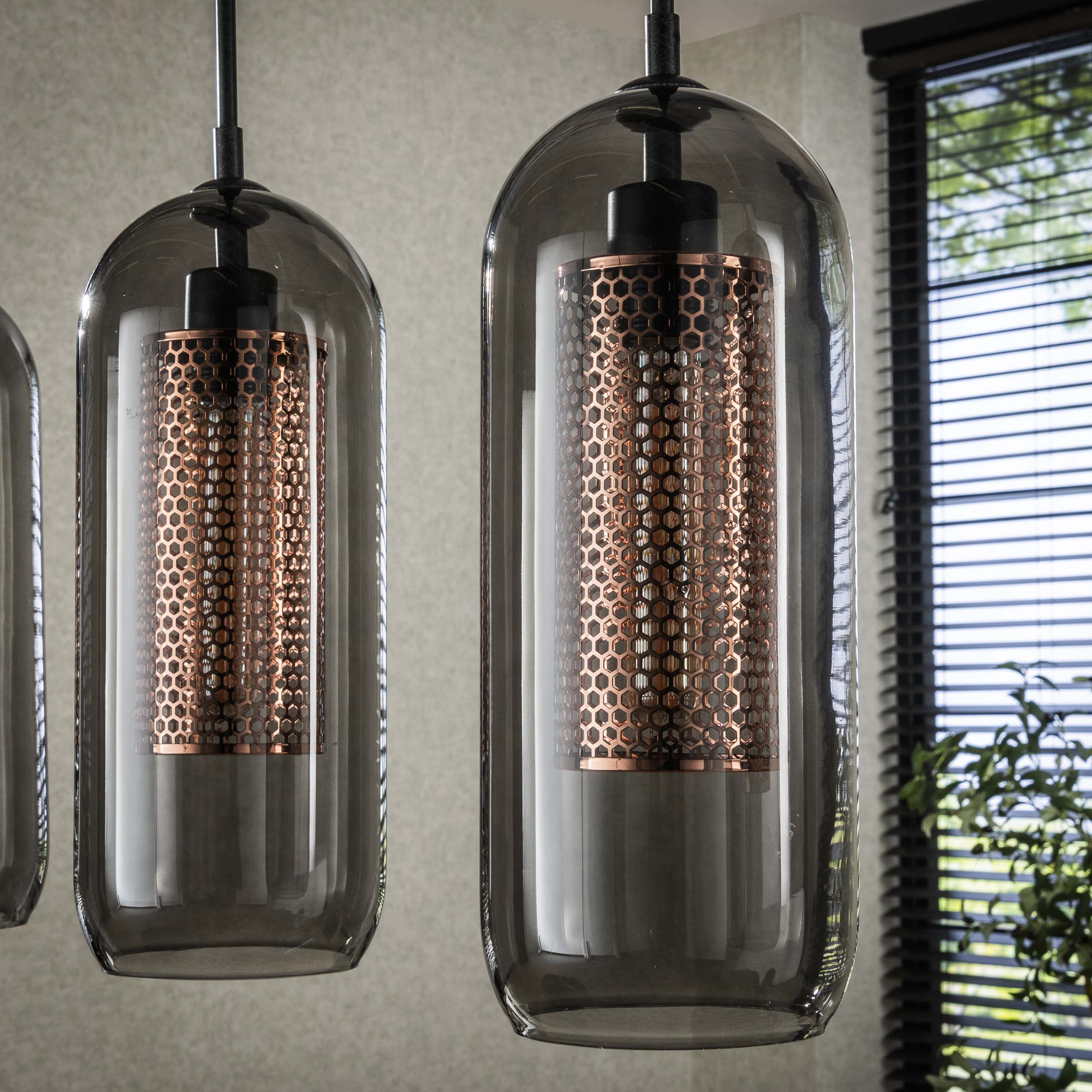 Pendant Light "Rivella" – With 4 Lights in Smoke Glass Mesh Design with Cylindrical Copper Grid Shades