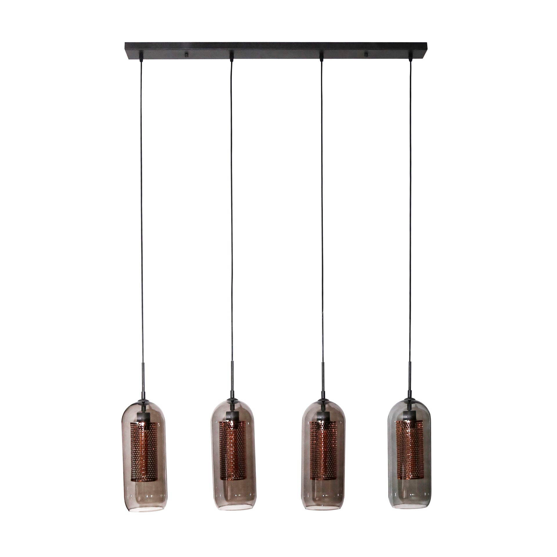 Pendant Light "Rivella" – With 4 Lights in Smoke Glass Mesh Design with Cylindrical Copper Grid Shades