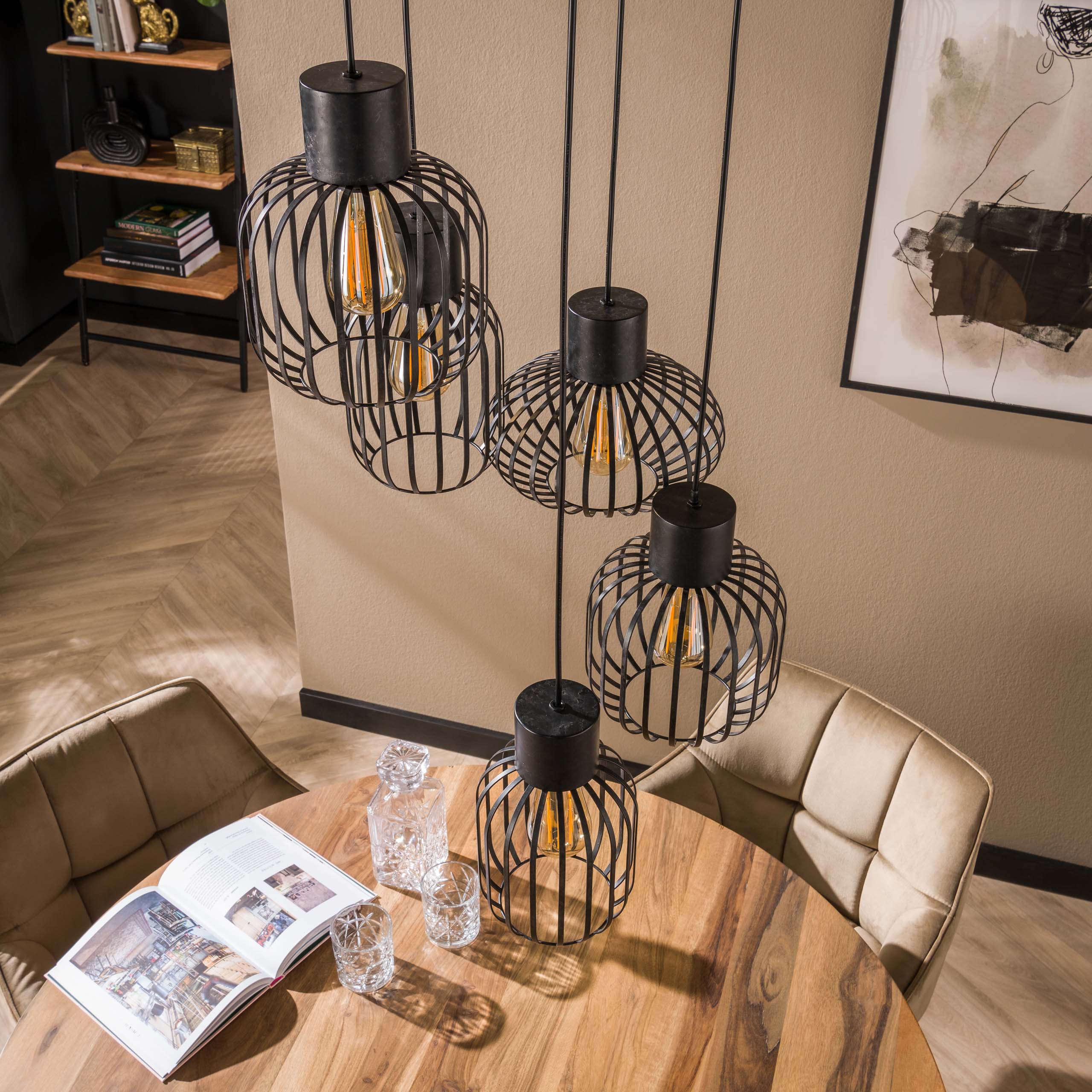 Pendant Light "Valeris" – Tiered with 5 Lights made of Anthracite-Colored Metal Mesh