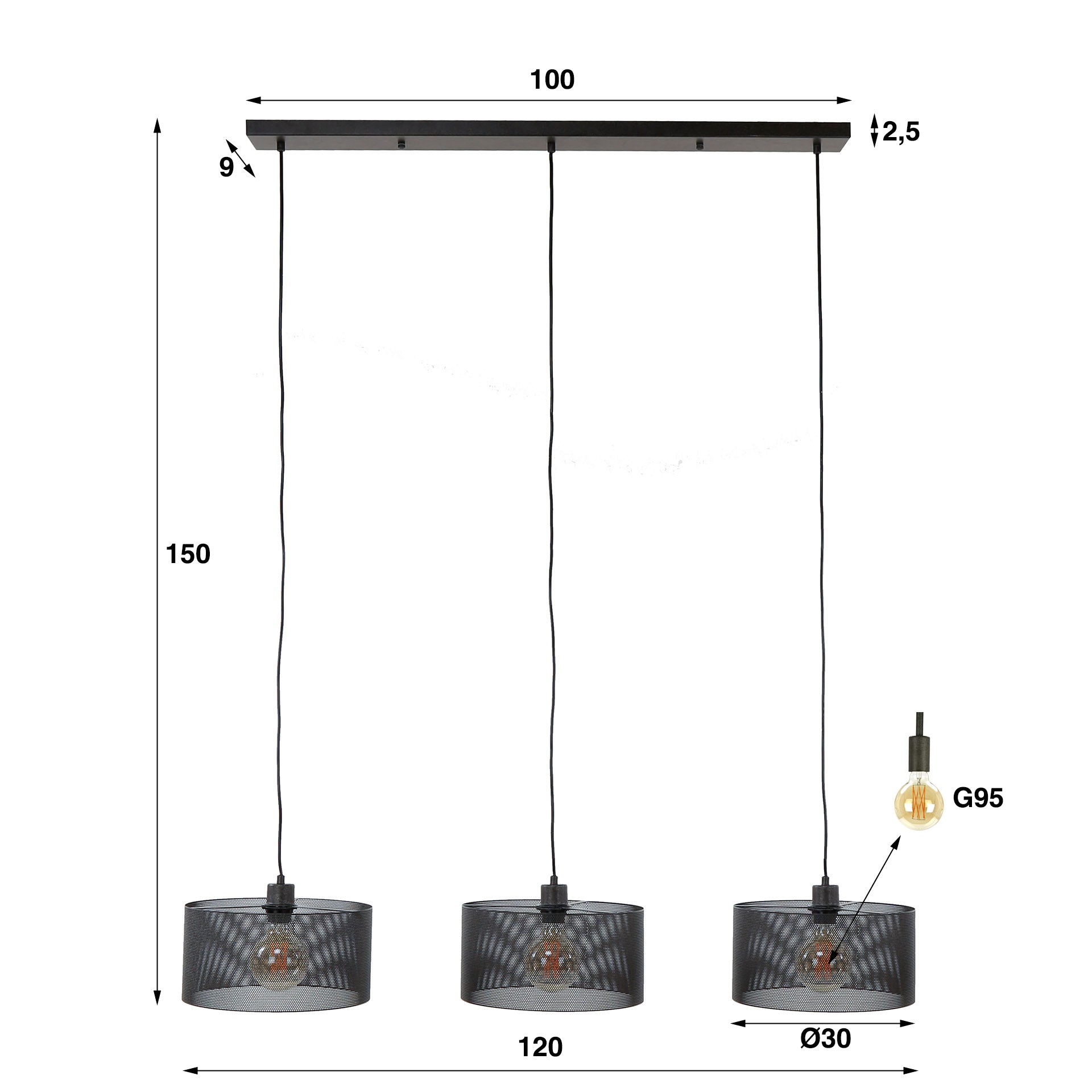 Suspension « Doralyn » – Avec 3 lampes et abat-jours cylindriques au design en treillis métallique
